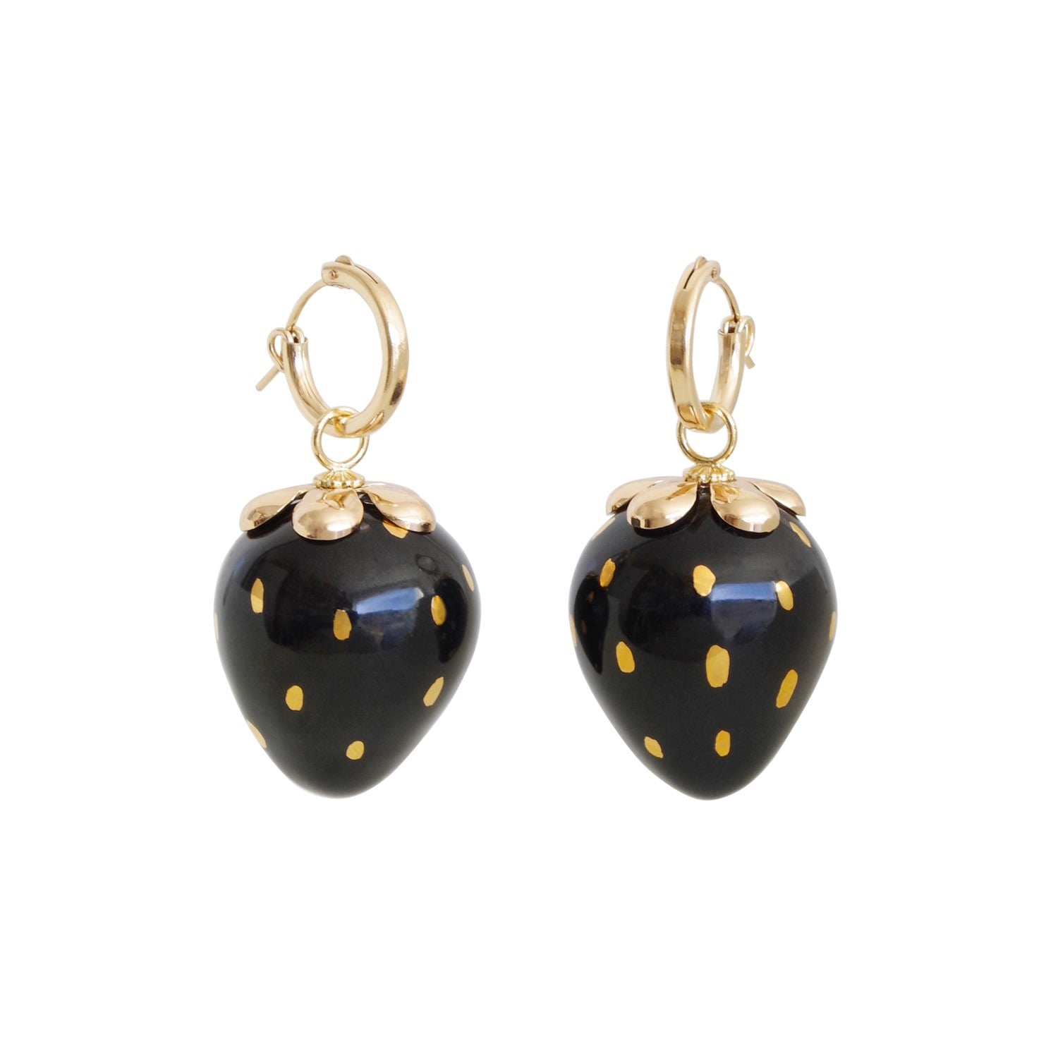 Golden Black Porcelain Strawberry Earrings