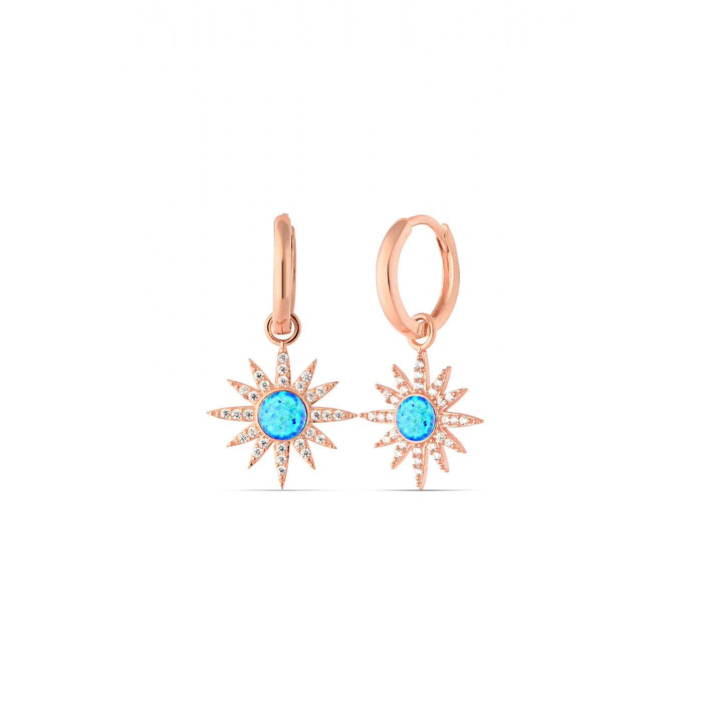 Blue Opal Sun Drop Hoop Earring Sterling Silver - Rose Gold