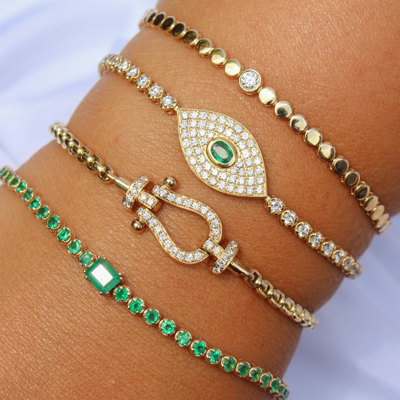 Gold Pave Diamond Emerald Evil Eye Bracelet