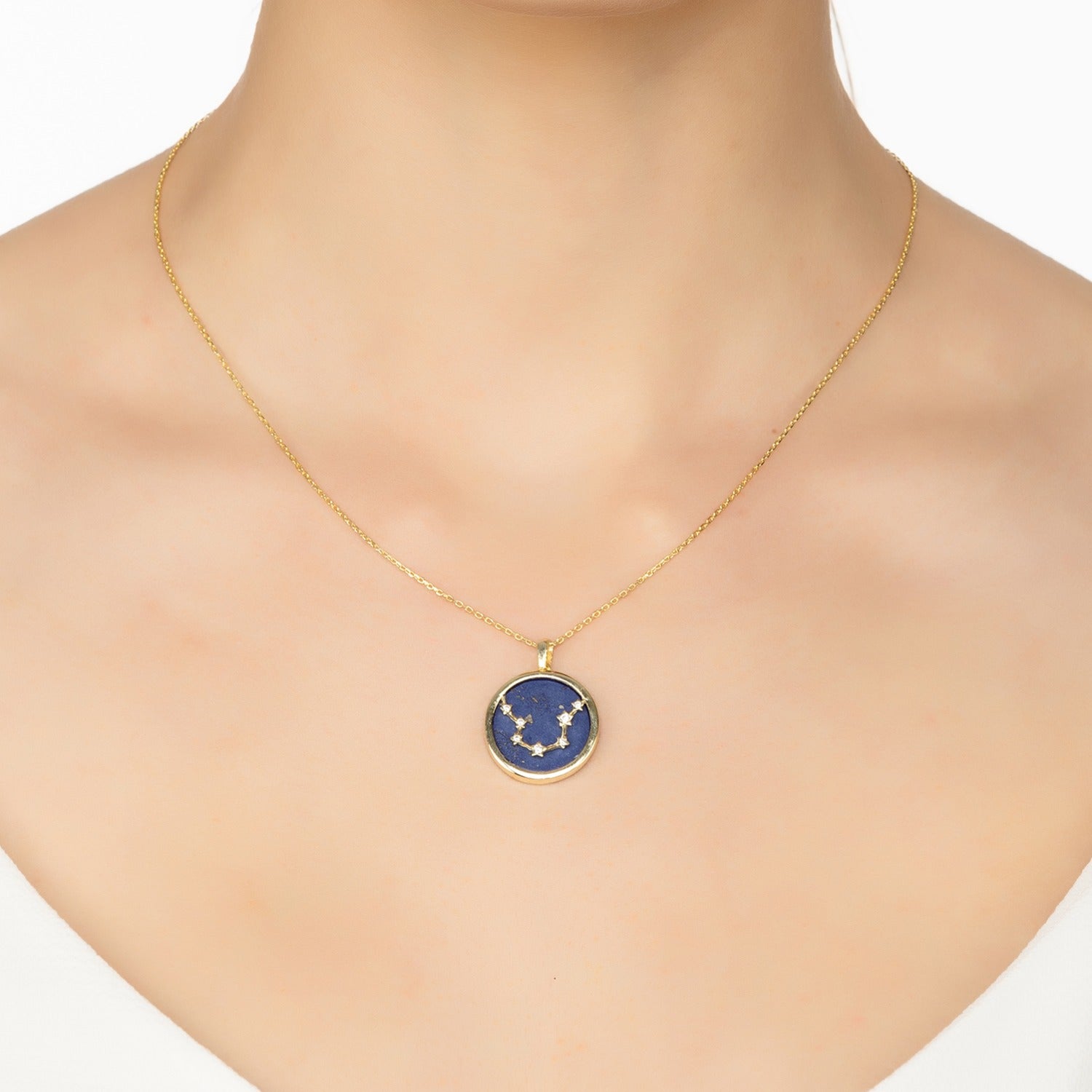 Zodiac Lapis Lazuli Gemstone Star Constellation Pendant Necklace Gold Aquarius