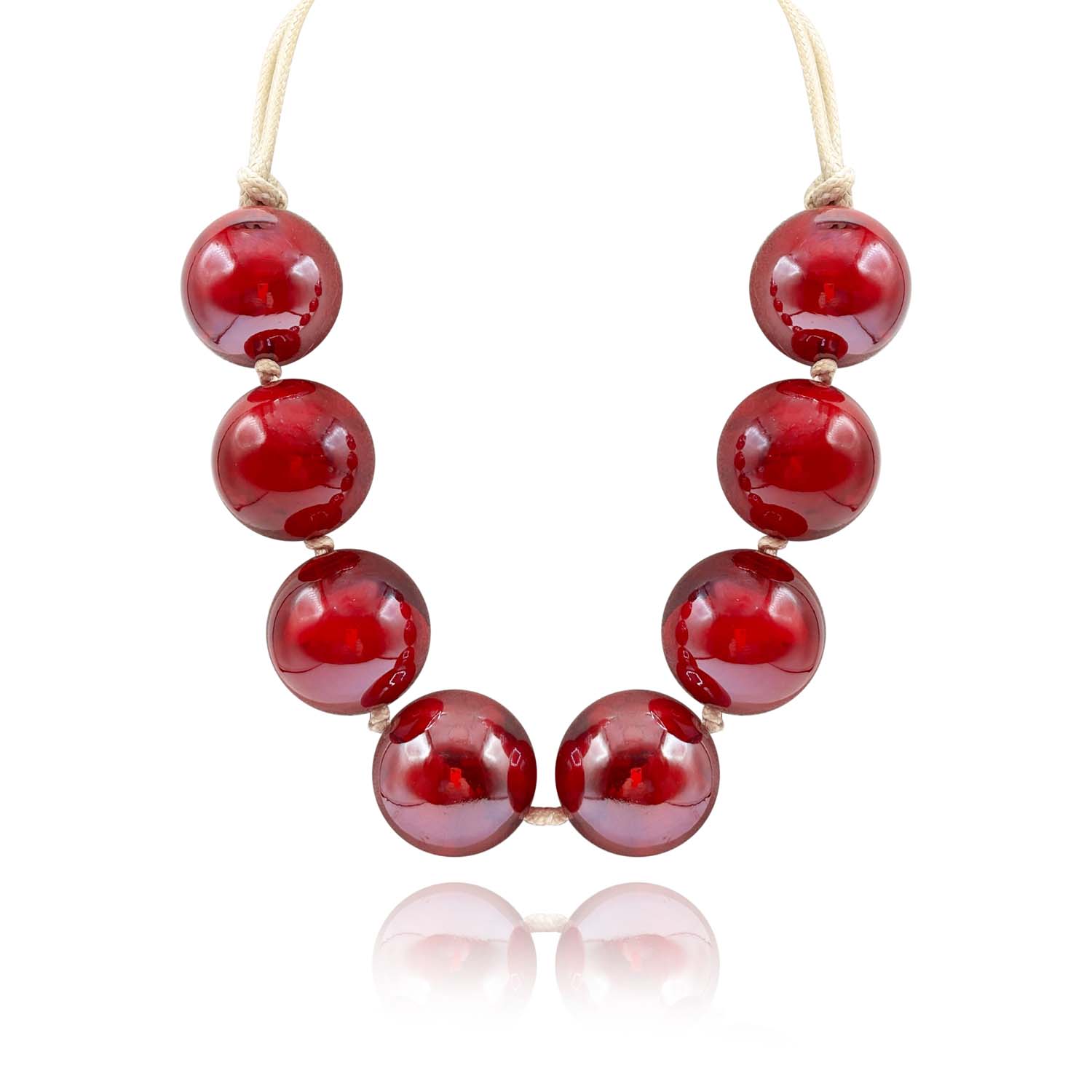 Ruby-Burgundy Marbled Knotted Resin Bead Necklace