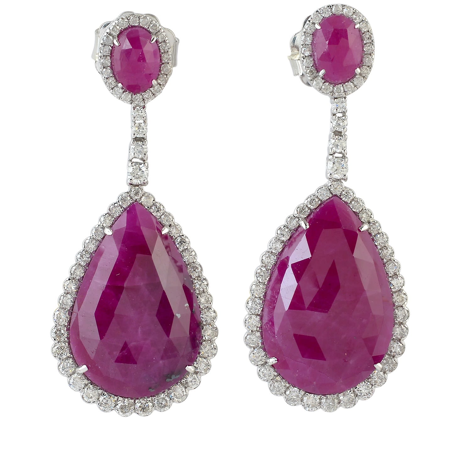 Ruby & Diamond Designer Dangle Earrings In 18K White Gold