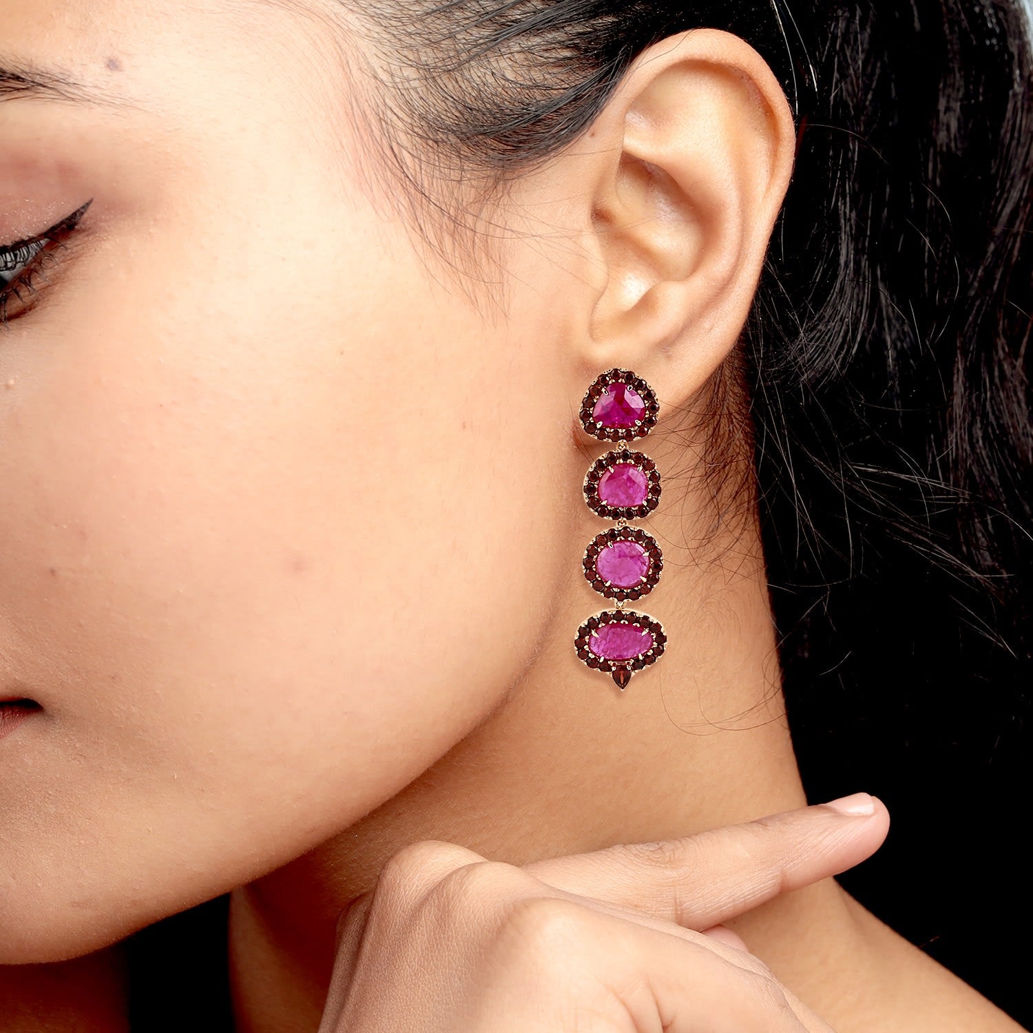 Ruby & Garnet Gemstone Dangle Earrings In Rose Gold
