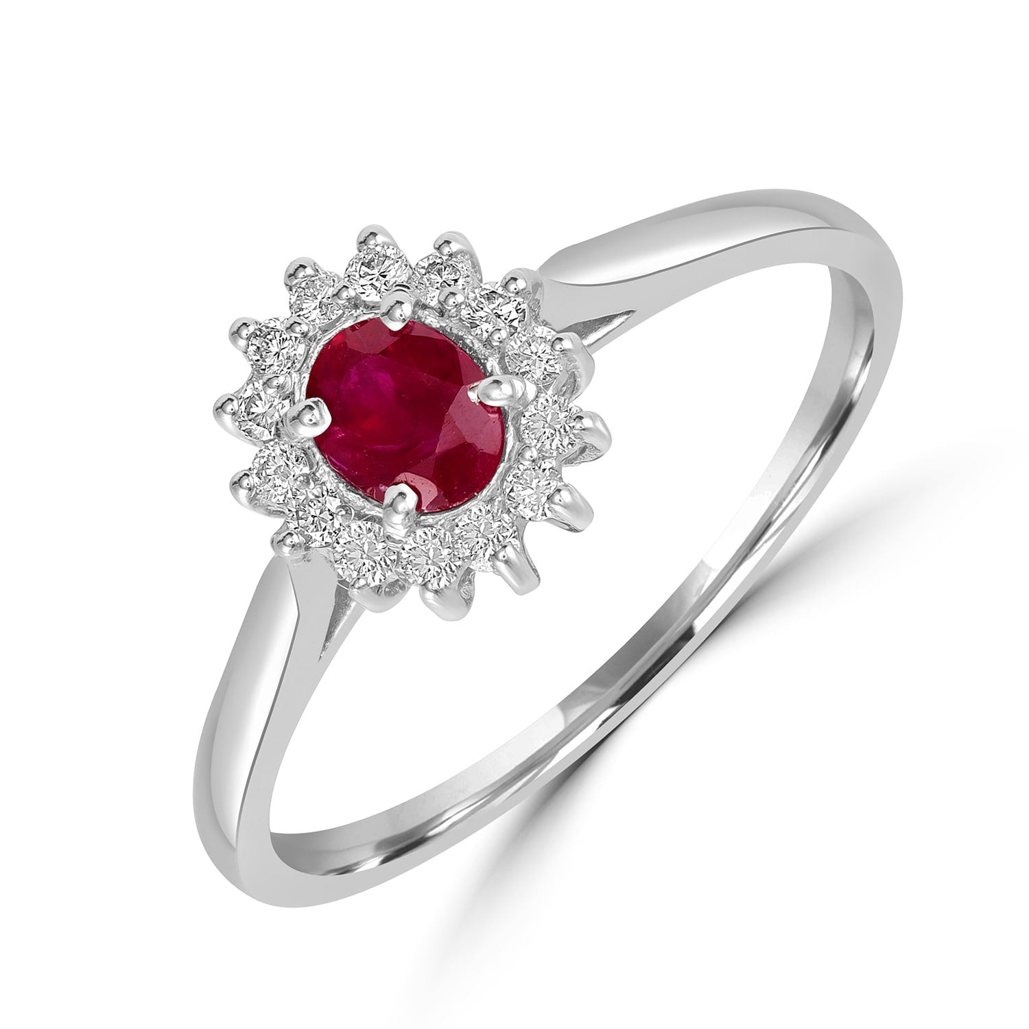 Oval Ruby And Diamond Halo Ring In 18K White Gold