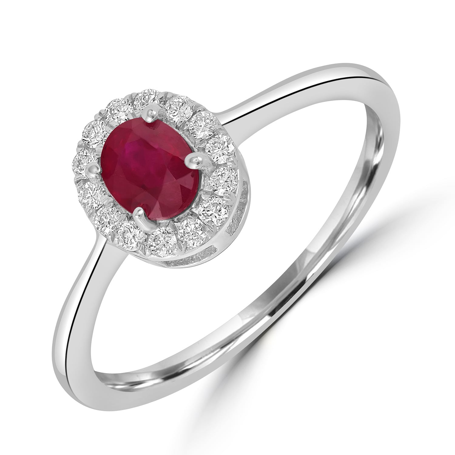 Ruby Birthstone Ring With Diamond Halo In White Gold