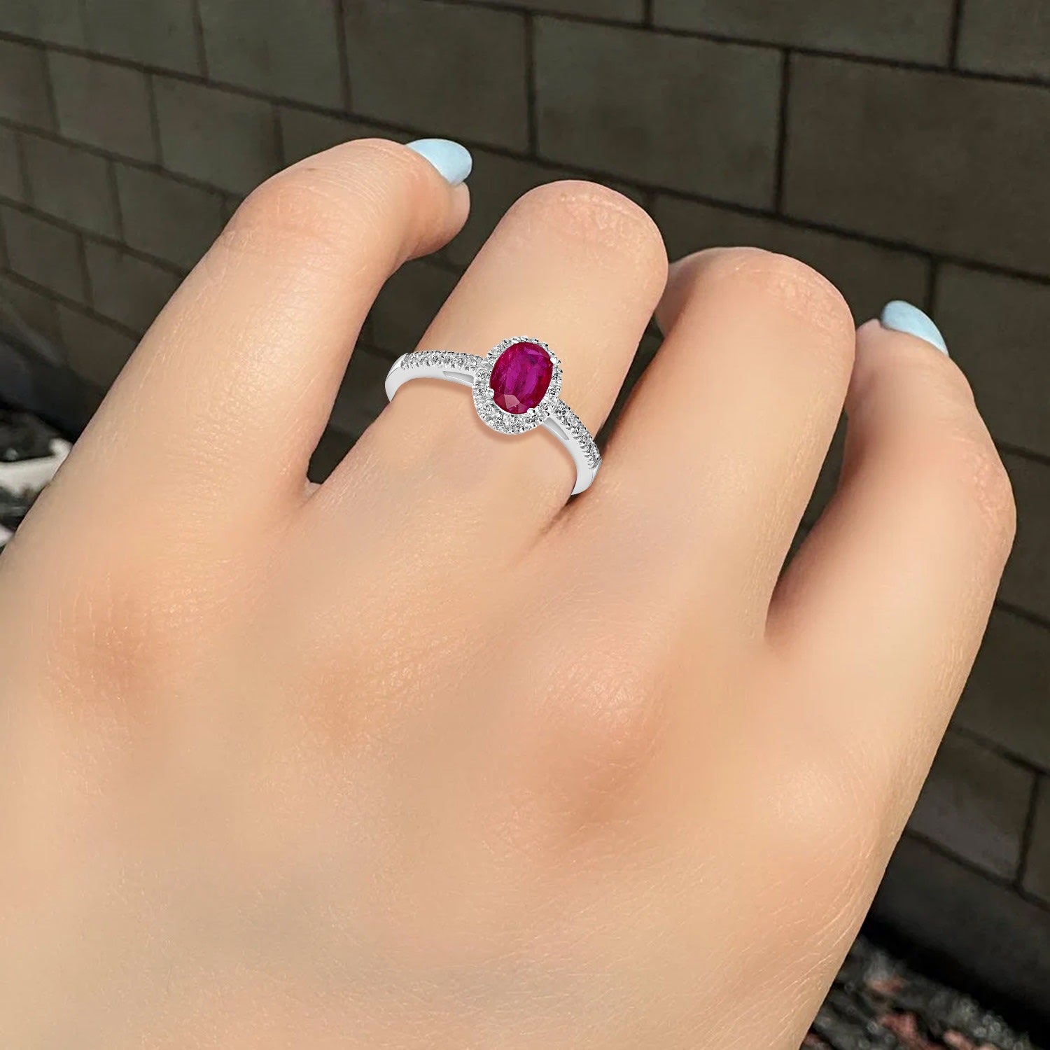 Ruby Gemstone Pave Diamond Oval Design Ring In White Gold