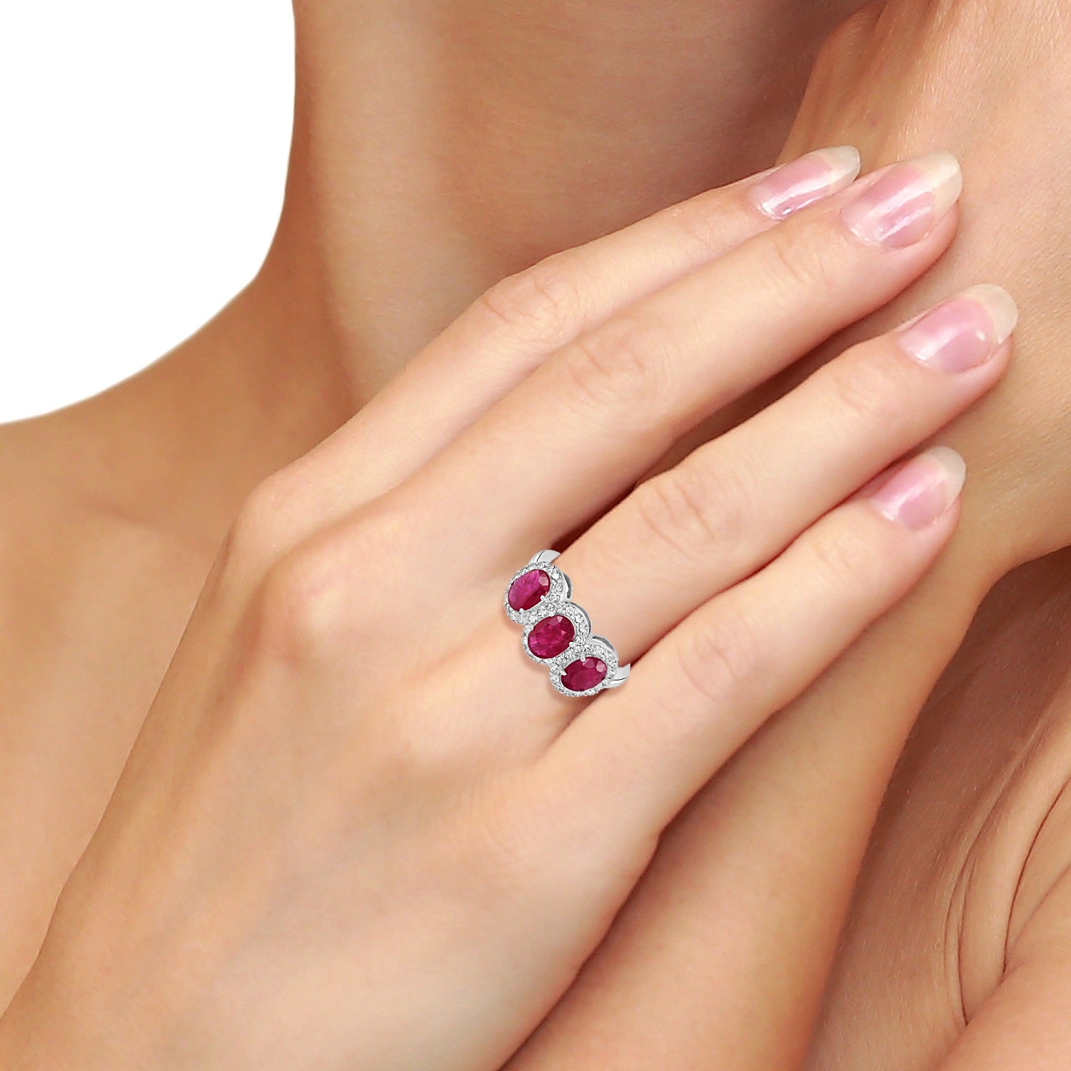 Ruby Gemstone Pave Diamond Three Stone Ring In White Gold