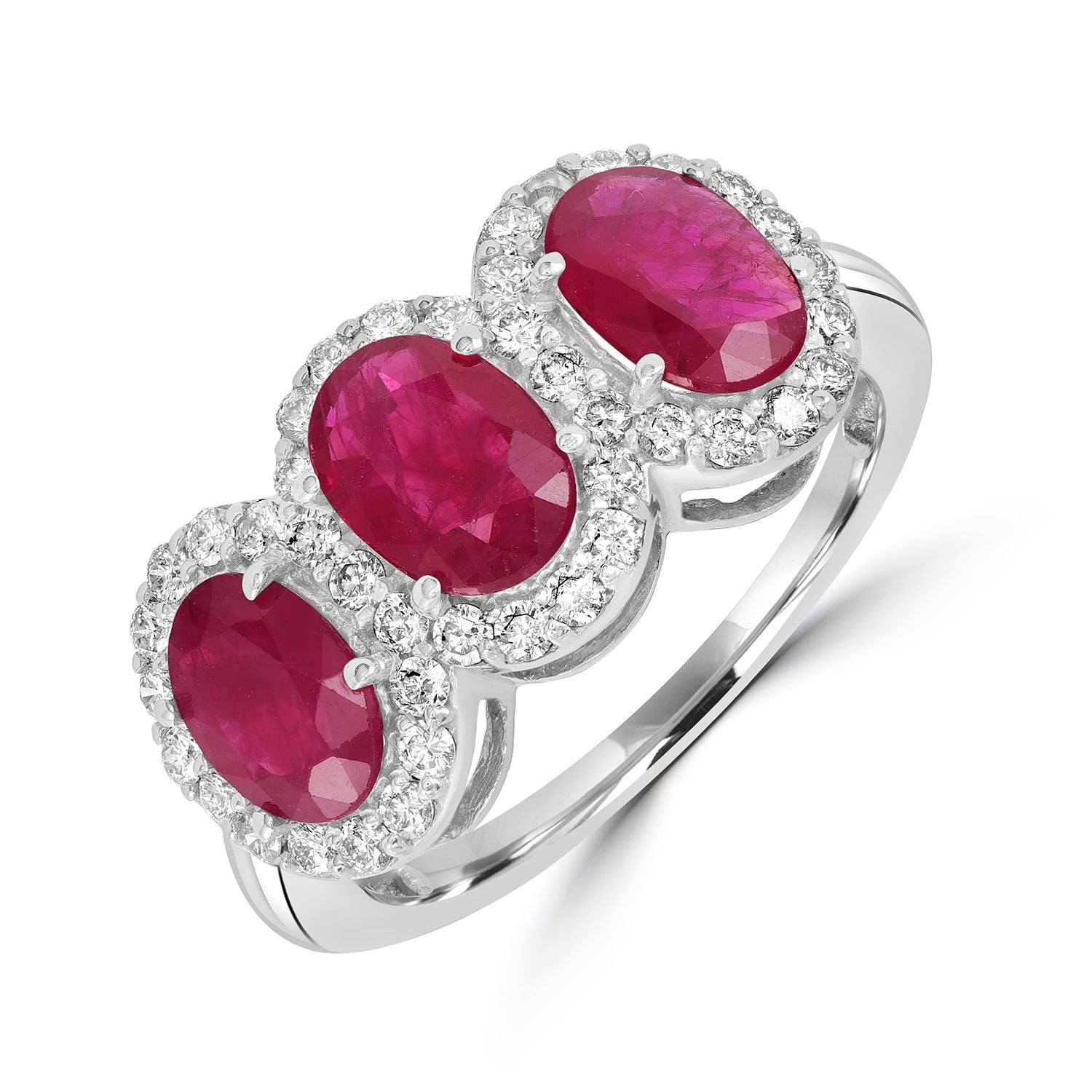 Ruby Gemstone Pave Diamond Three Stone Ring In White Gold