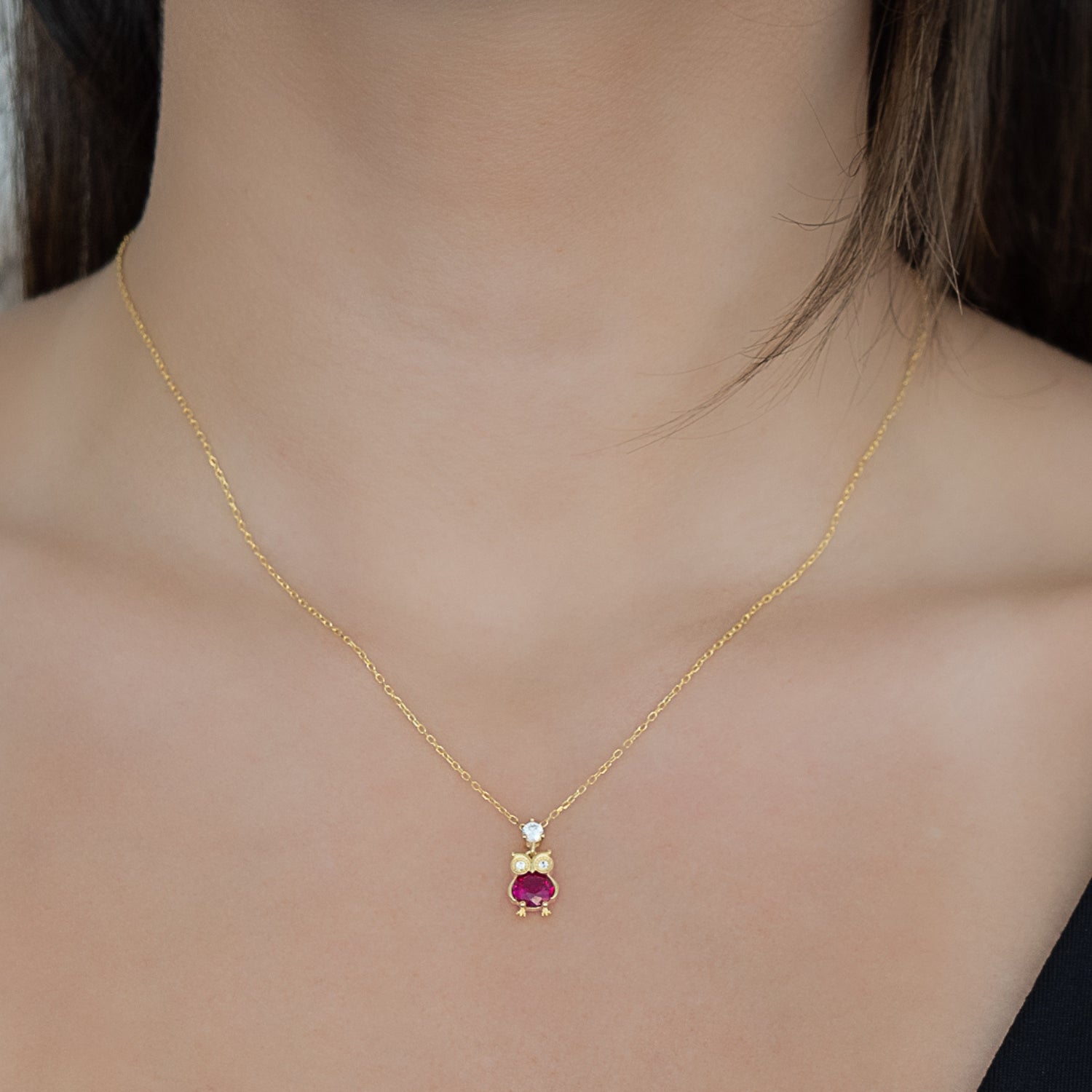 Ruby Owl Necklace - Pink