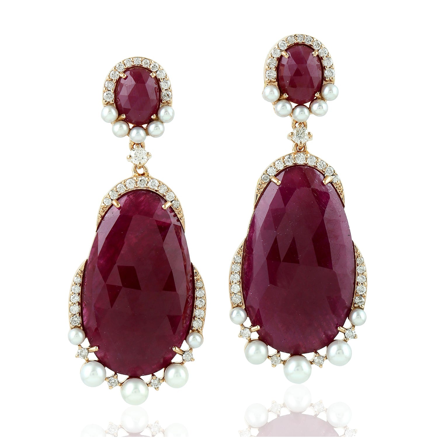 Ruby & Pearl Gemstone Pave Diamond Dangle Earrings In Rose Gold