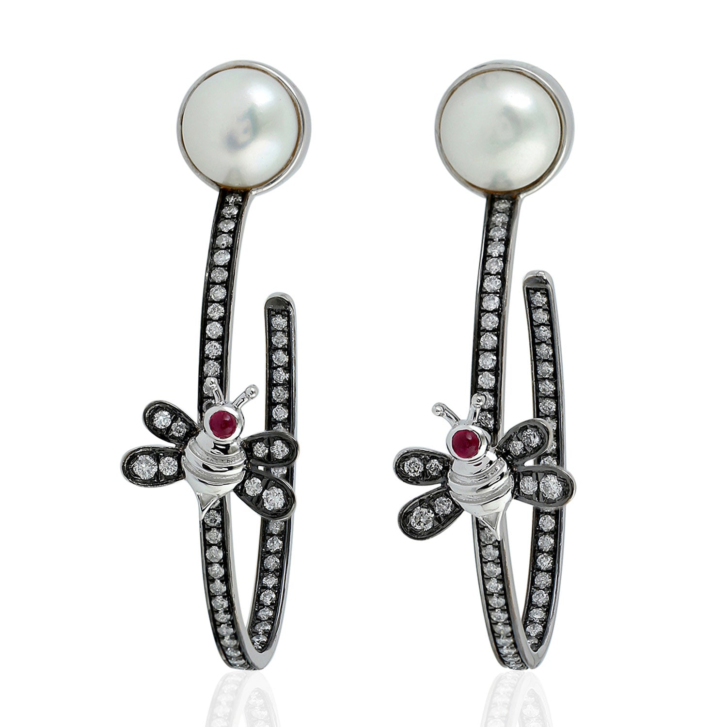 Ruby & Pearl Pave Diamonds In White Gold Honey Bee Hoop Earrings