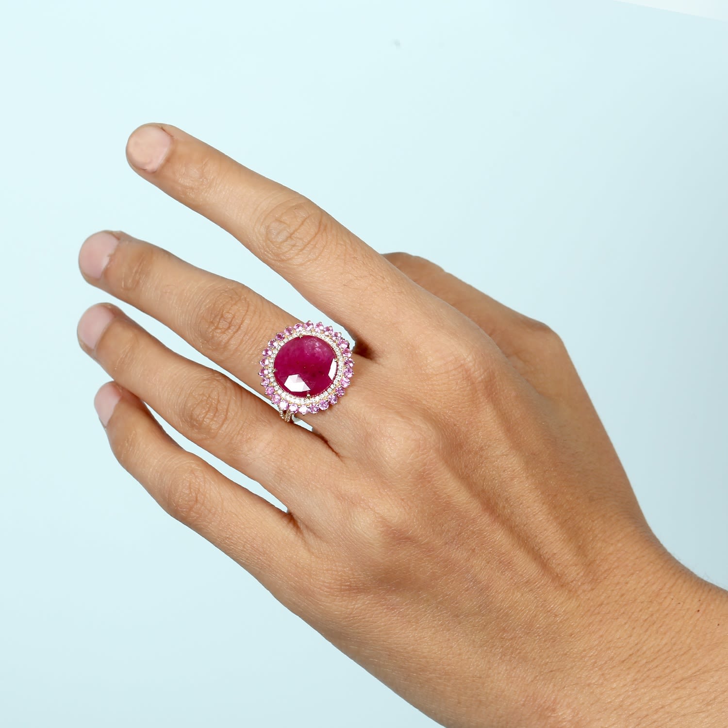 Ruby & Pink Sapphire Gemstone Pave Diamond Cocktail Ring In 18K Gold