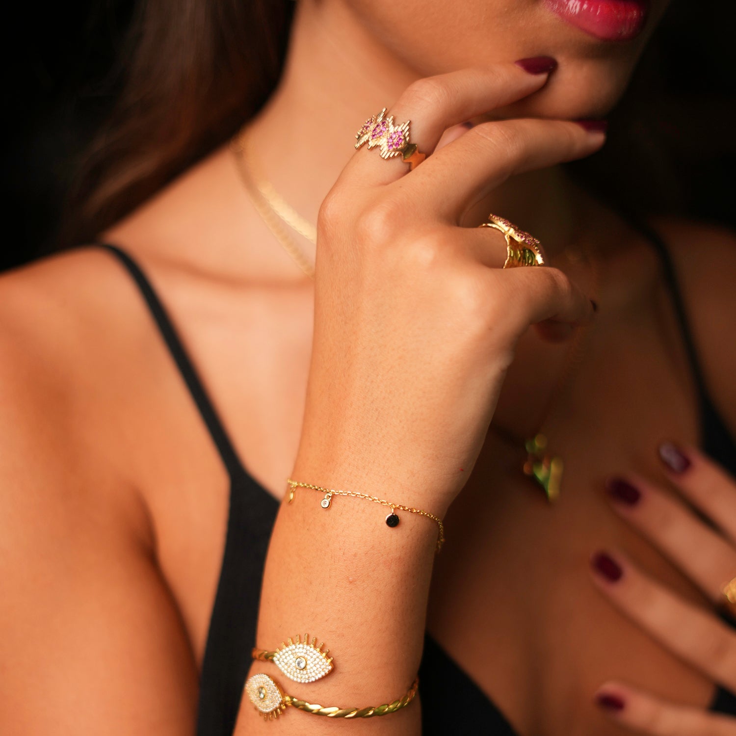 Ruby Stone & Gold Crown Adjustable Statement Ring - Pink