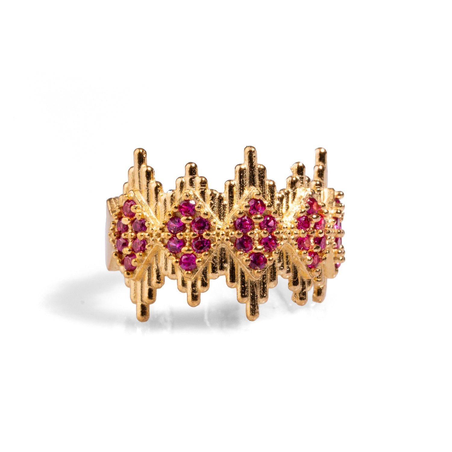 Ruby Stone & Gold Crown Adjustable Statement Ring - Pink