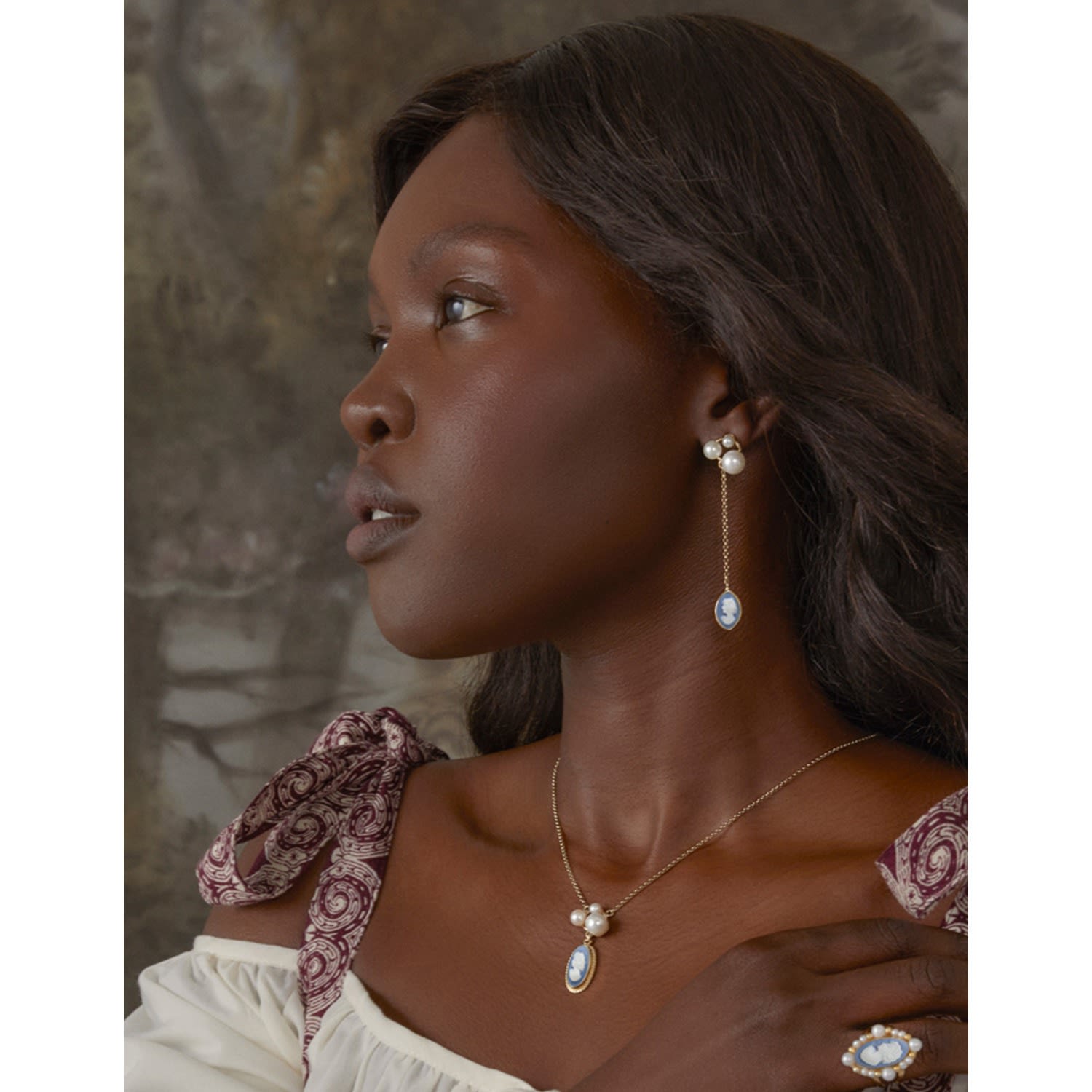 Lilith Gold-Plated Sky Blue Cameo And Pearl Drop Earrings