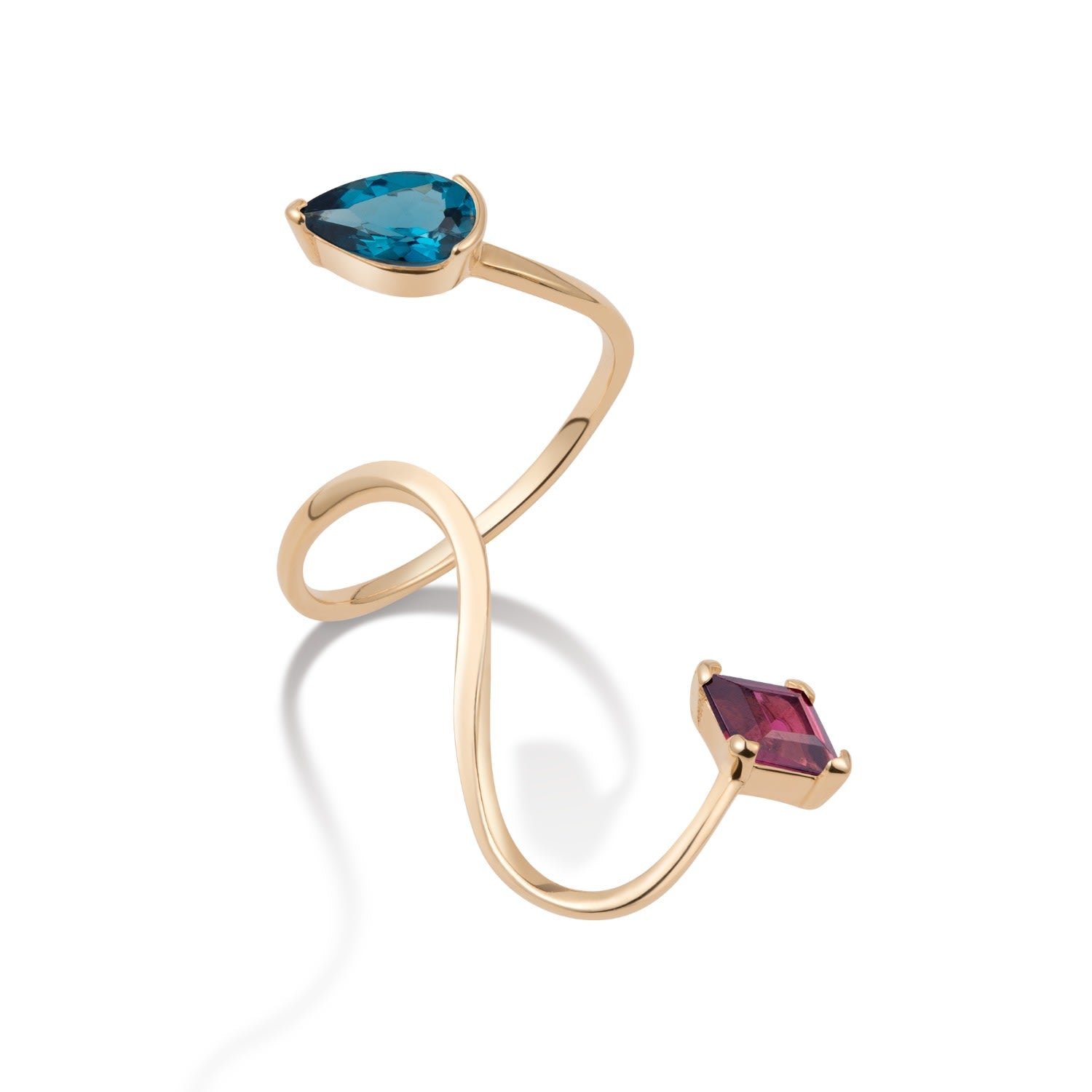 Rules Were Meant To Be Broken Ring - 18K Gold Vermeil Open Band Spiral Statement Ring With London Blue Topaz & Rhodolite Garnet Gemstones