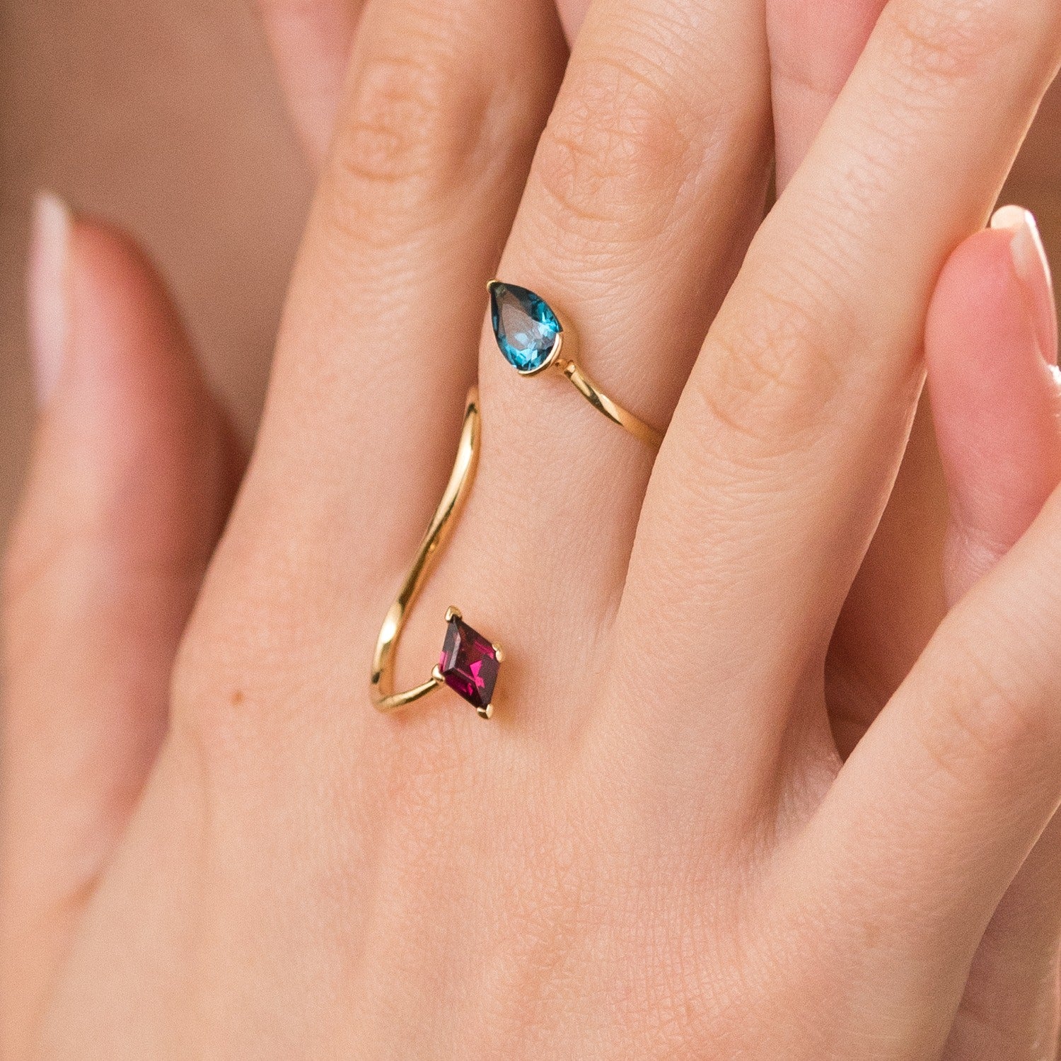 Rules Were Meant To Be Broken Ring - 18K Gold Vermeil Open Band Spiral Statement Ring With London Blue Topaz & Rhodolite Garnet Gemstones