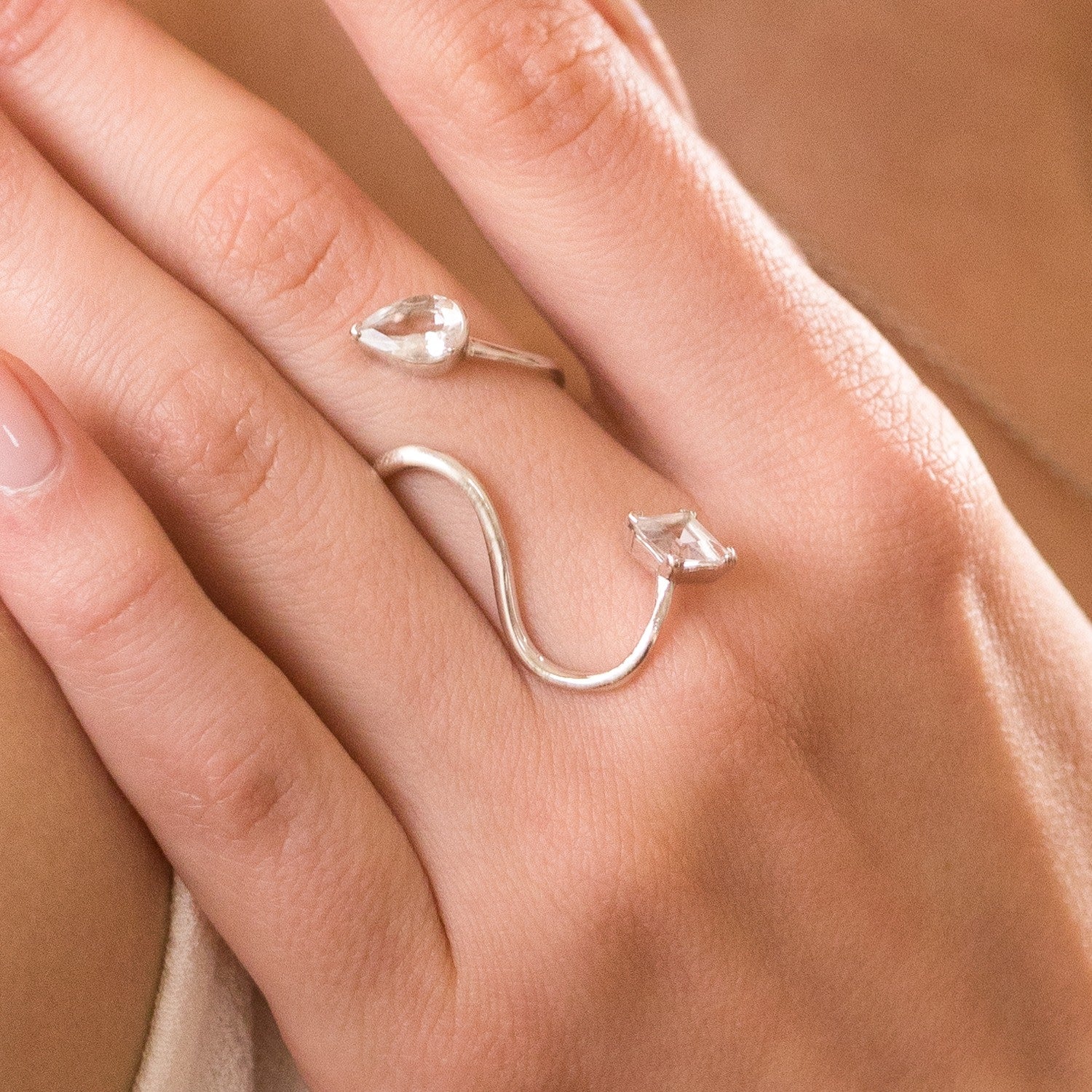 Rules Were Meant To Be Broken Ring - Sterling Silver Open Band Spiral Statement Ring With White Topaz Gemstones
