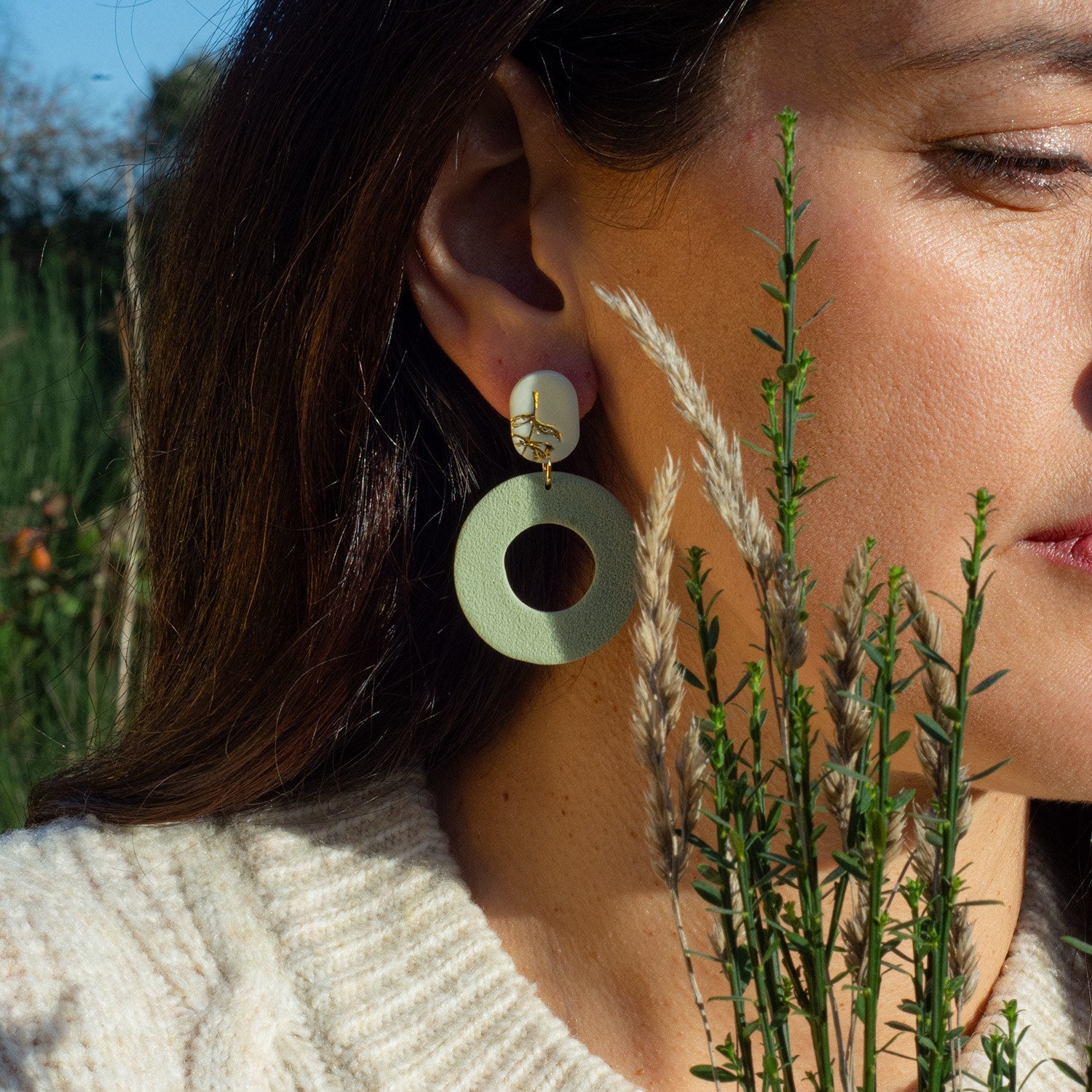 Ruth Green And White Textured Round Earrings