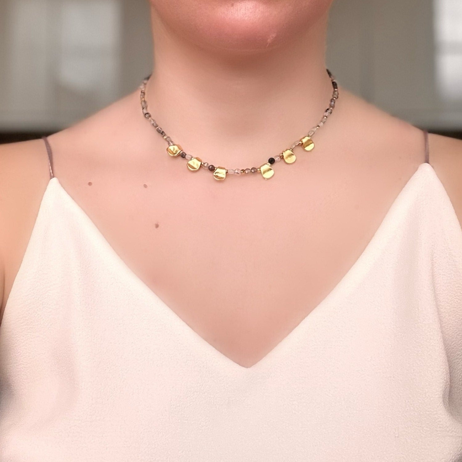 Rutile Quartz & Labradorite Gemstone & Golden Plate Natural Stone Pendant Necklace