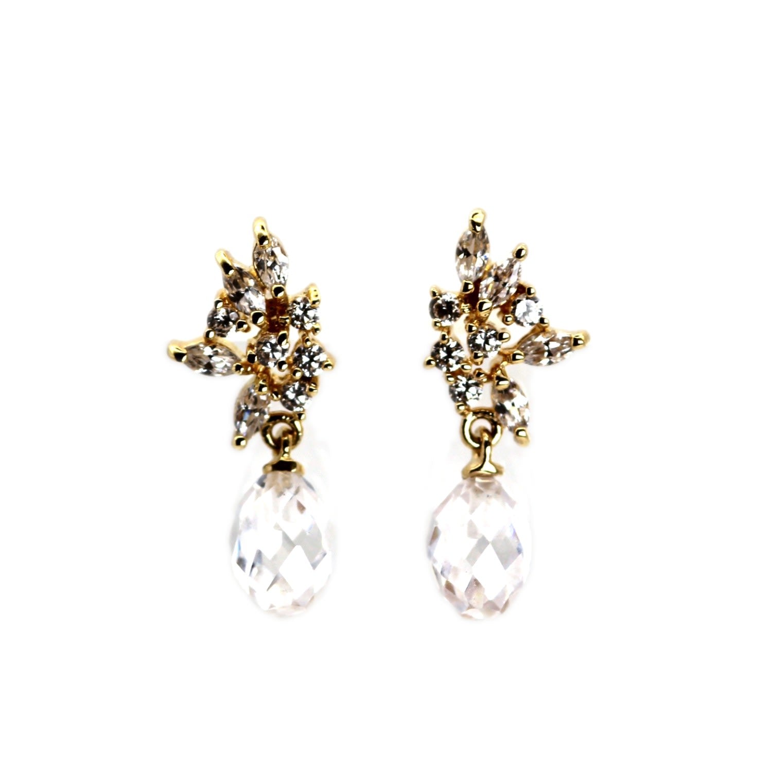 Crystal Bridal Floral Dangle Yellow Gold Earrings