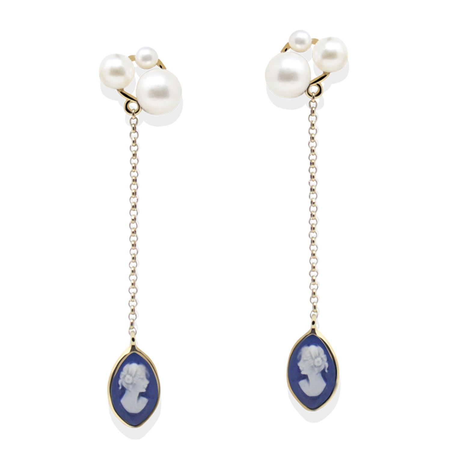 Lilith Gold-Plated Blue Cameo And Pearl Drop Earrings