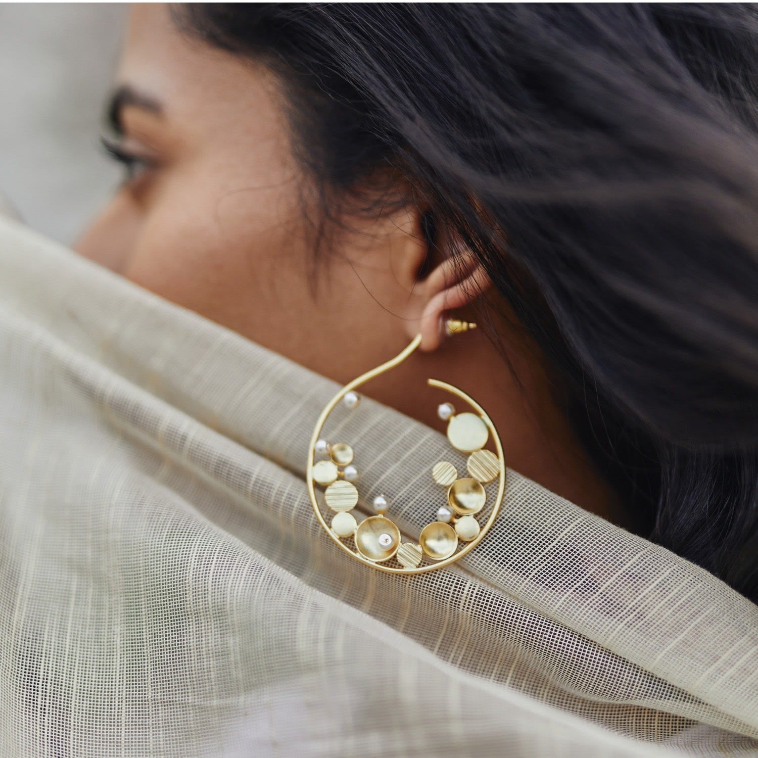 Gold Aero Hoop Earrings With Freshwater Pearls