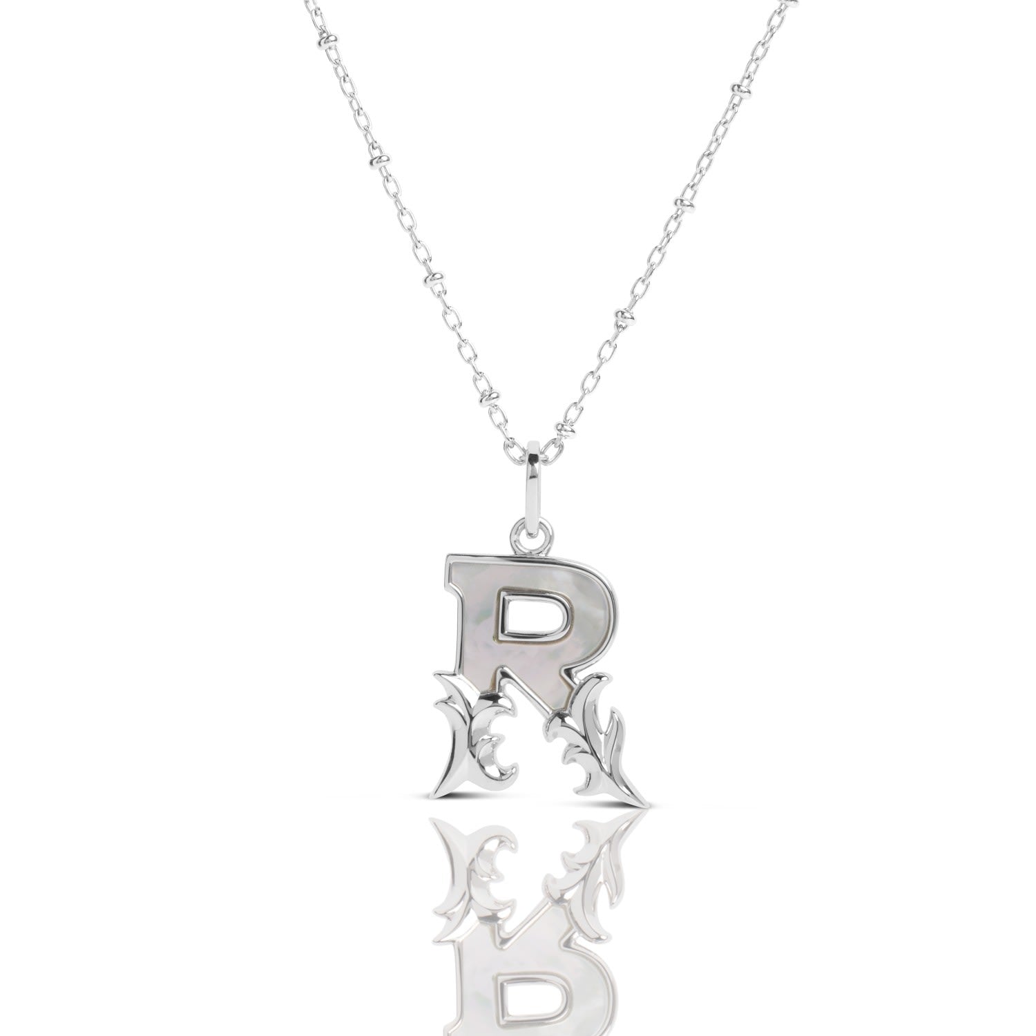 Solid Silver R Initial Necklace With Mother Of Pearl