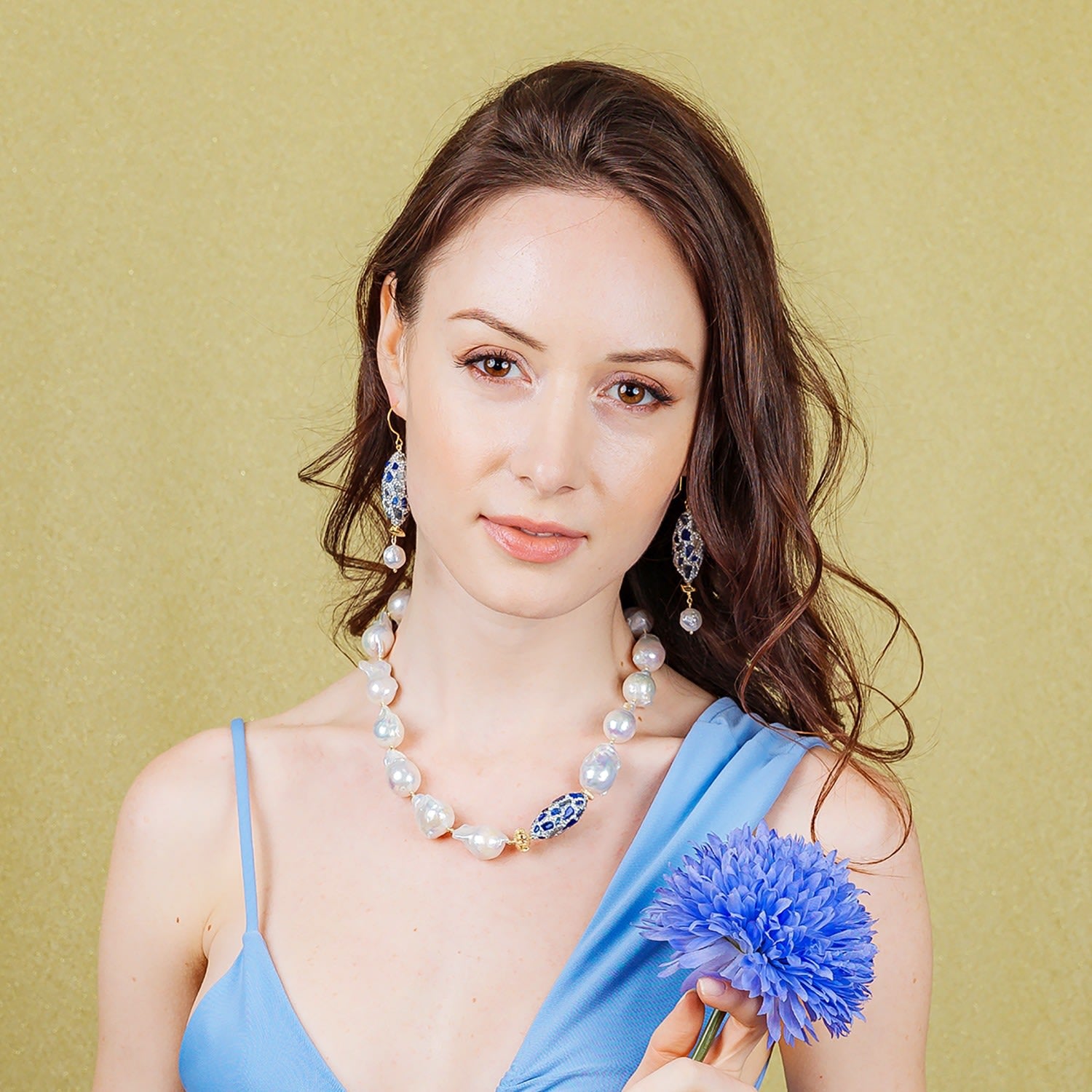 Gorgeous Baroque Pearls With Lapis Rhinestone Necklace