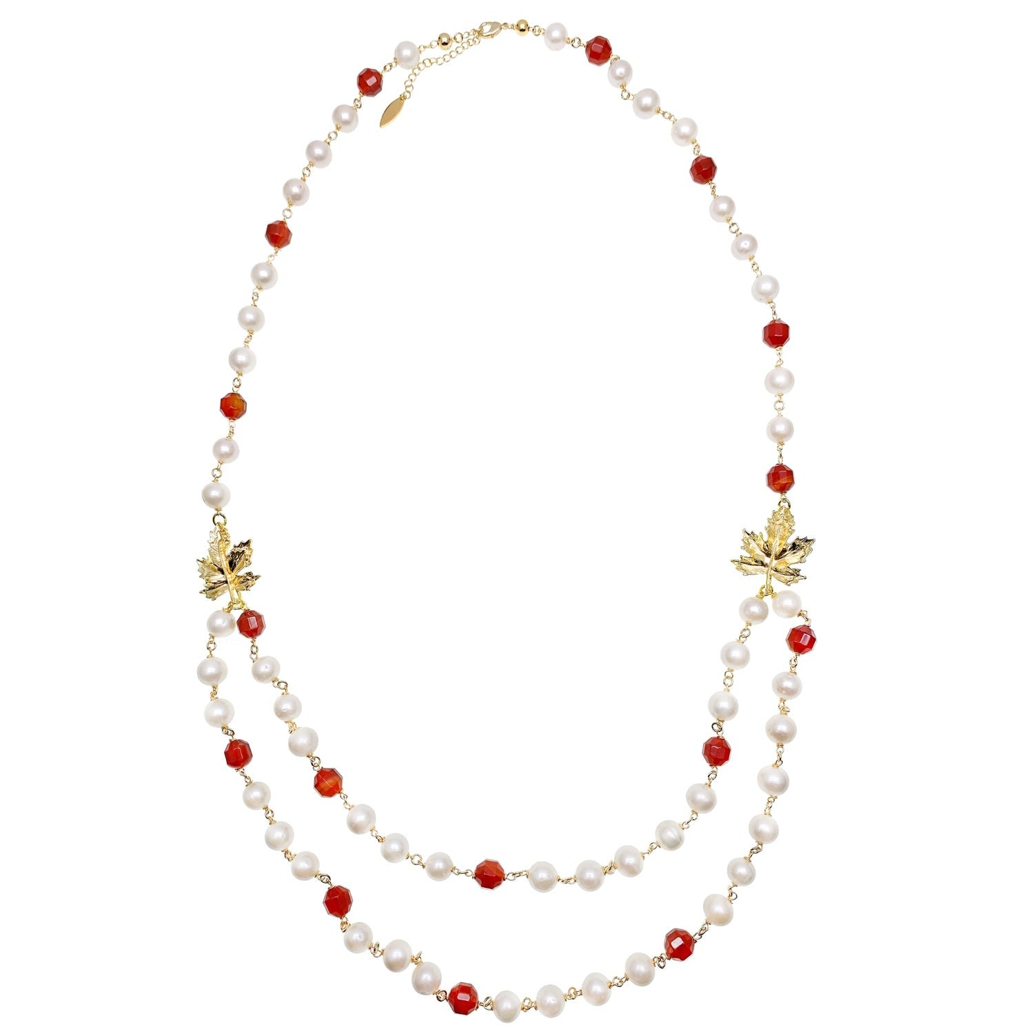 Freshwater Pearl With Red Agate And Maple Leaves Charm Long Chain Necklace