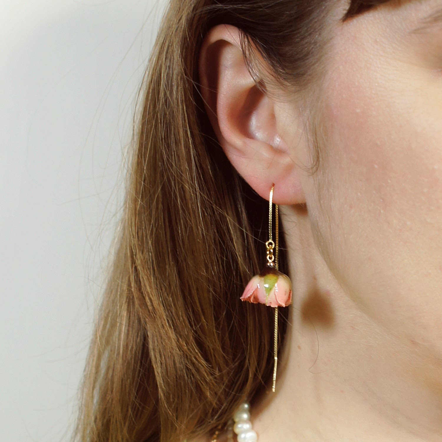 Real Flower Bella Rosa Pink Rosebud 18K Gold Vermeil Threader Earrings