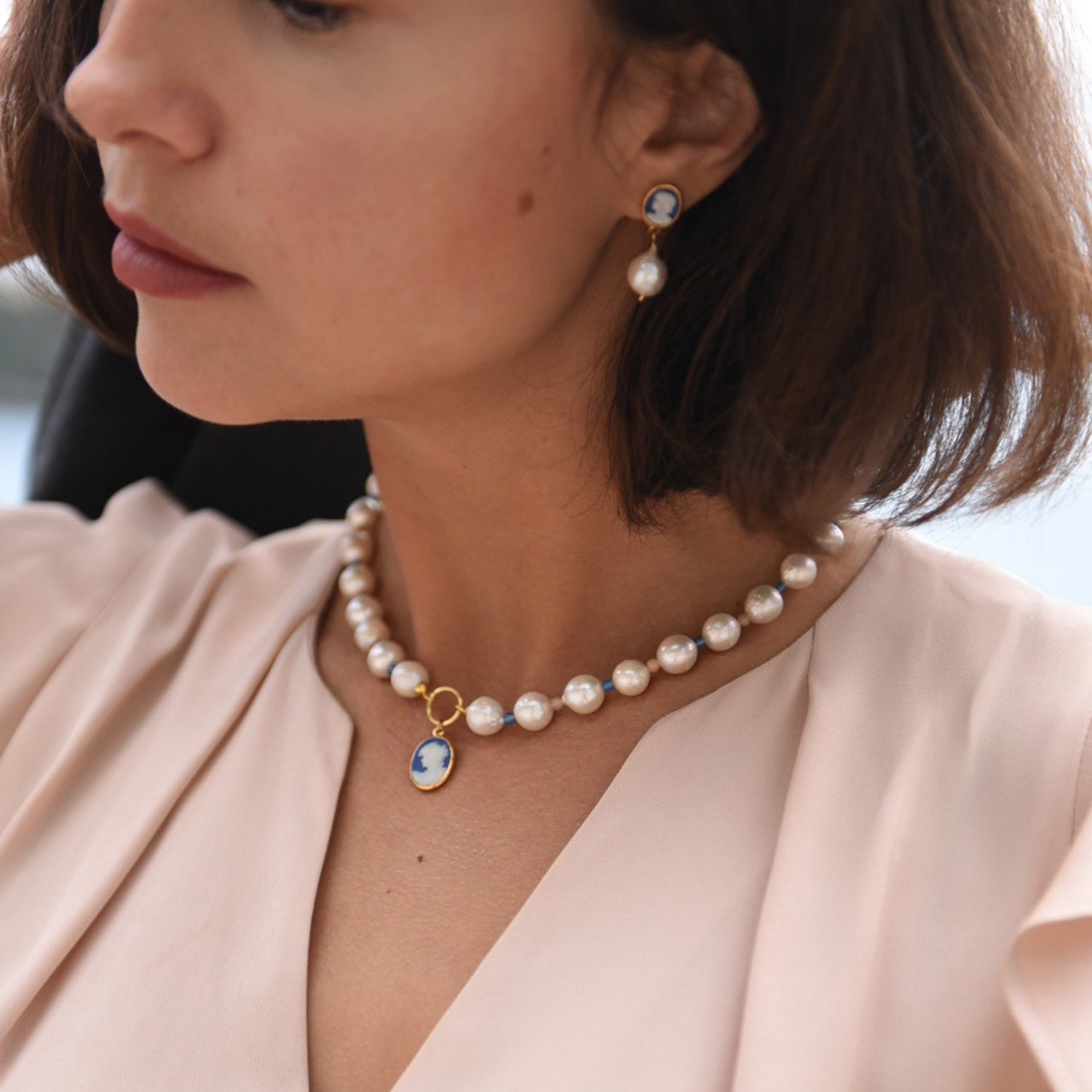 Little Lovelies Gold-Plated Pearl & Bead Blue Cameo Necklace