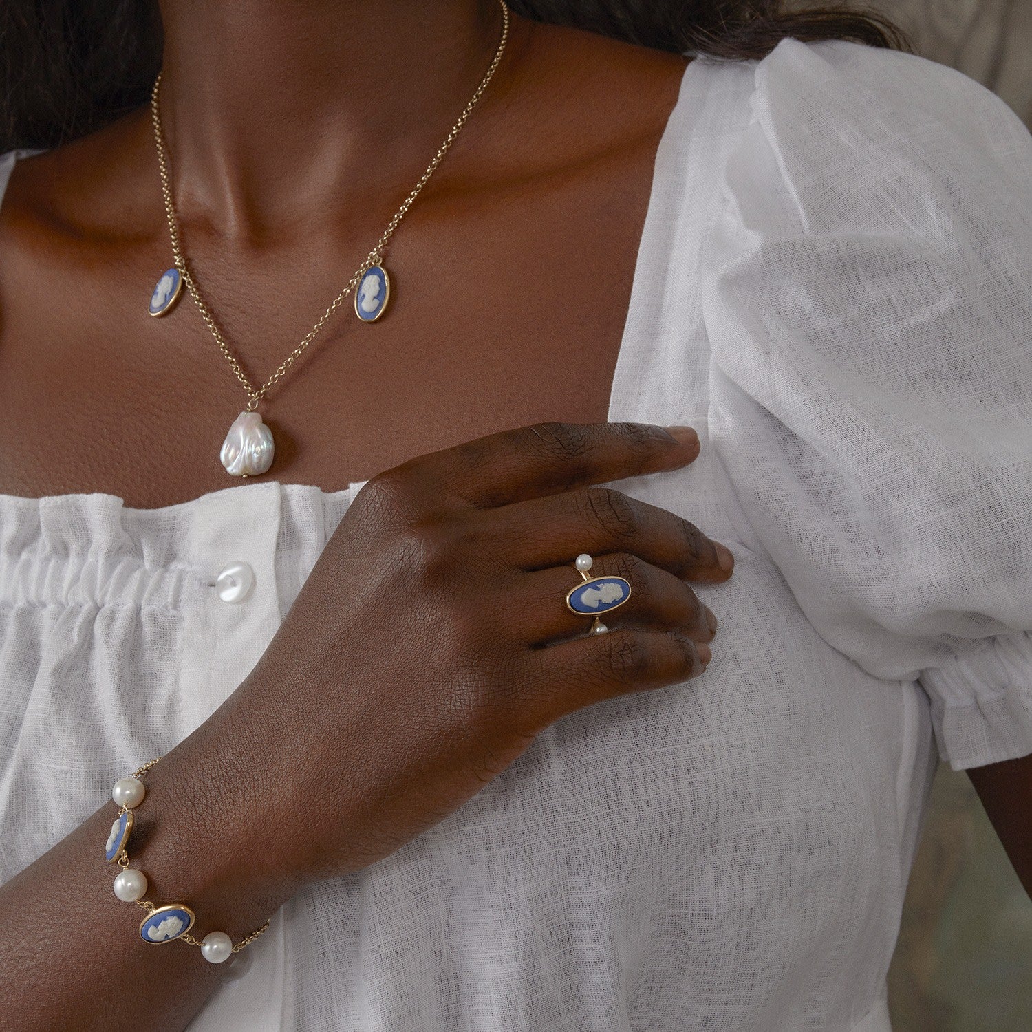 Medea Gold-Plated Blue Cameo And Pearl Ring
