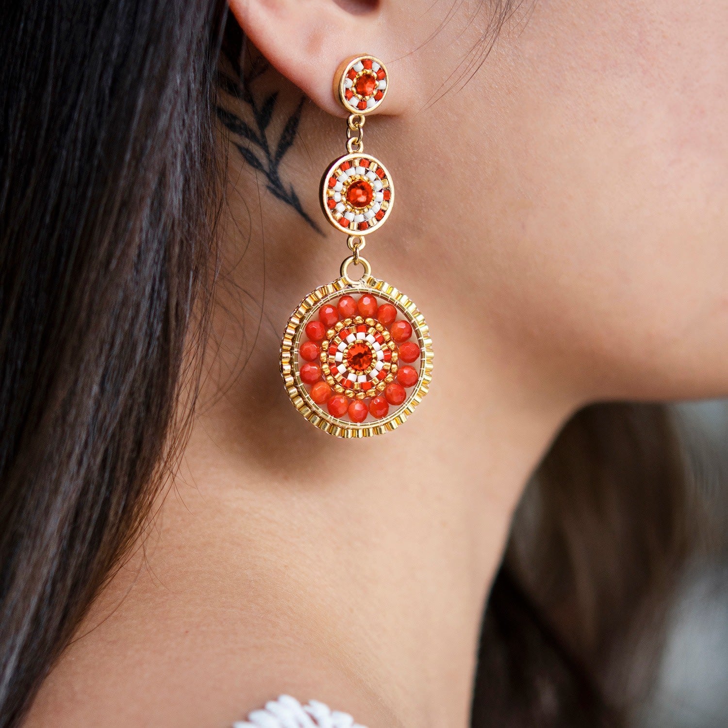 Luxe Triple Circle Statement Drop Earrings - Bamboo Coral