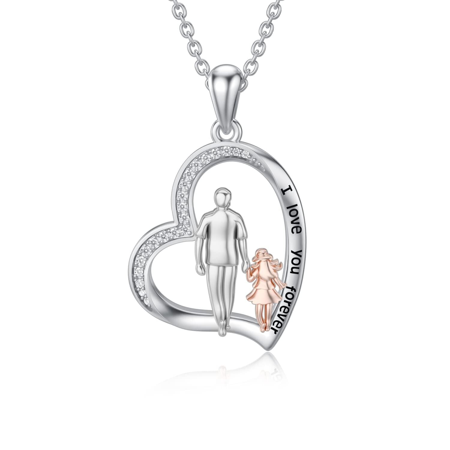 Sterling Silver Two-tone Cubic Zirconia Father & Daughter & Heart Pendant Necklace