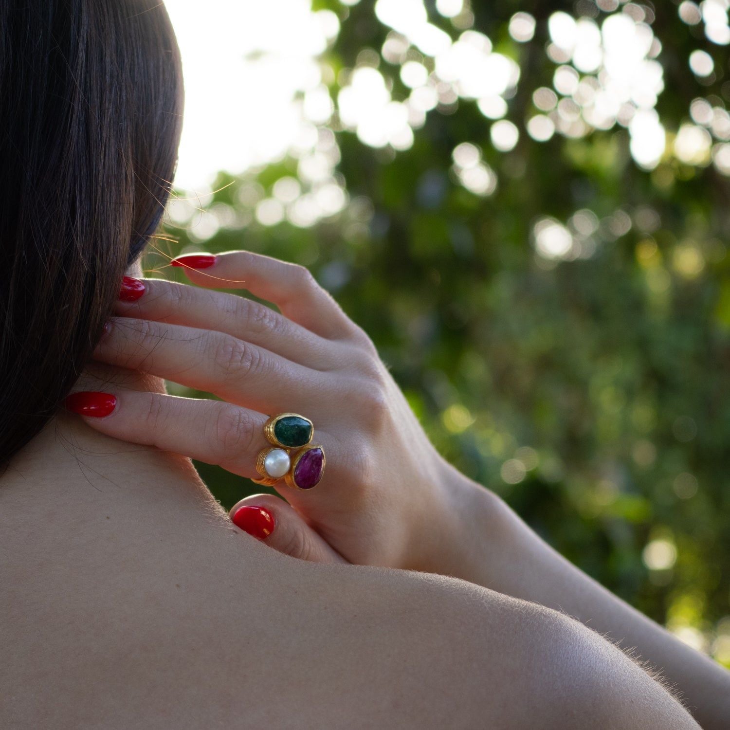 Sacred Calm Trio Gemstone Adjustable Ring - Multicolour