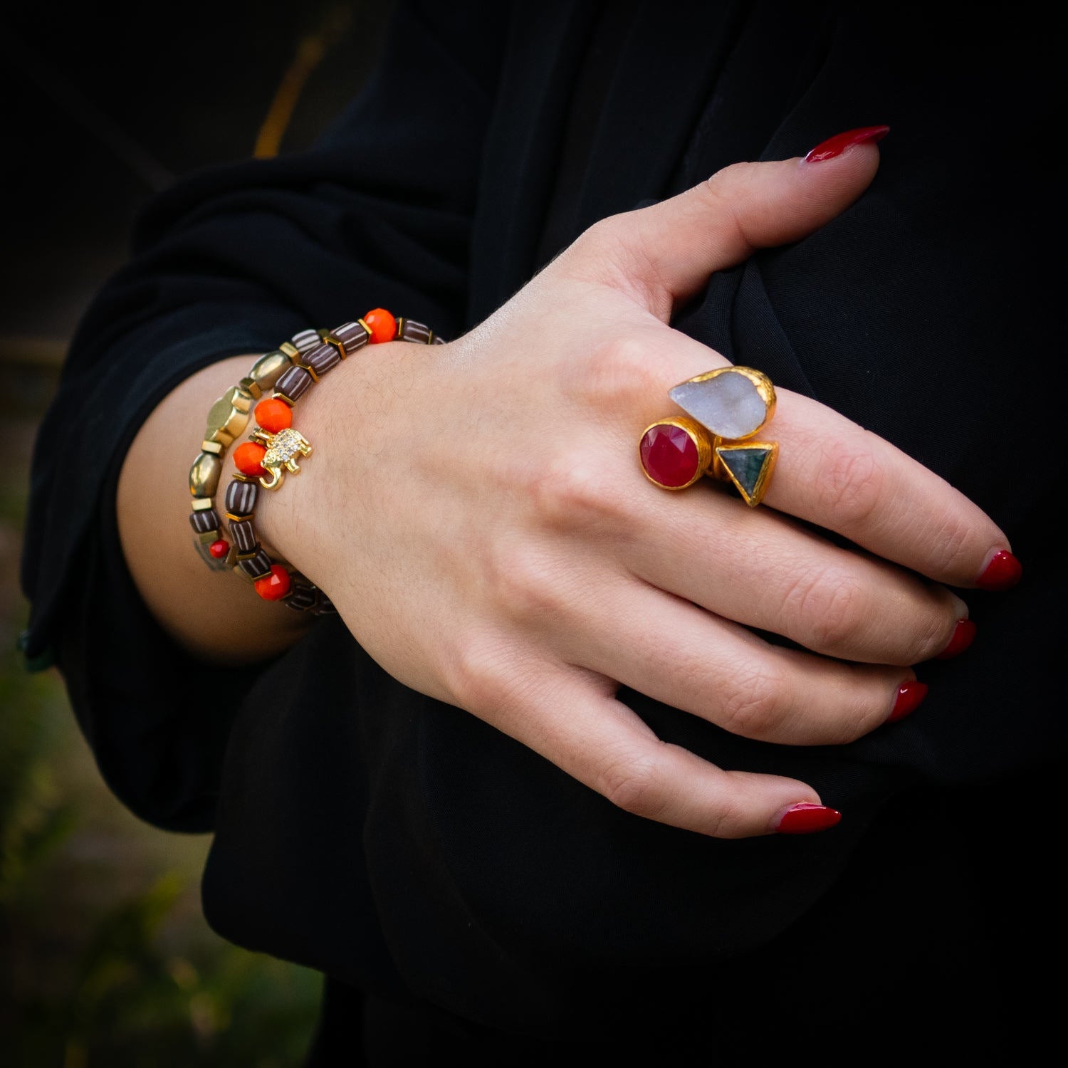 Sacred Geometry Triple Energy Gemstone Ring - Multicolour