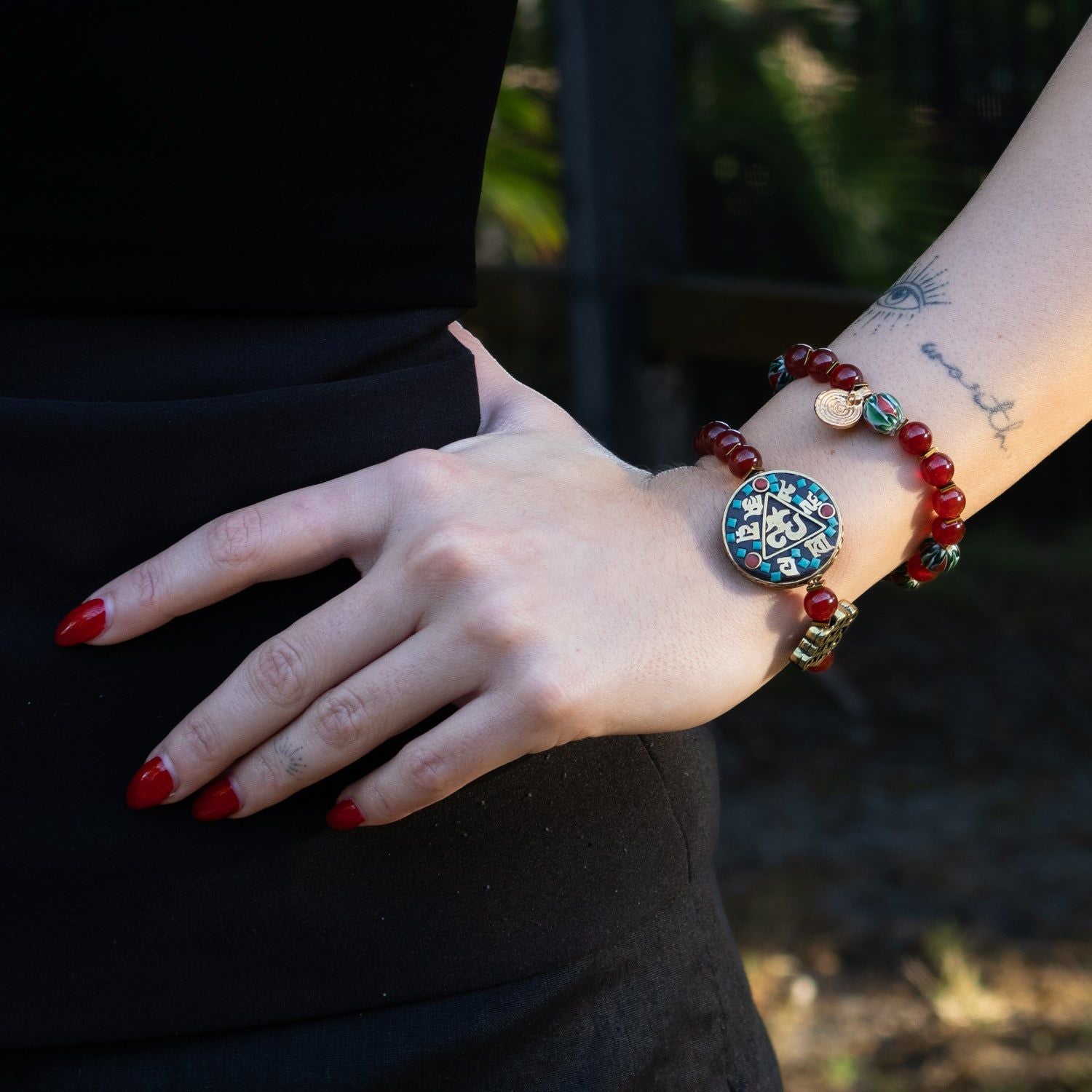 Sacred Om Carnelian & Tibetan Mantra Beaded Bracelet - Red