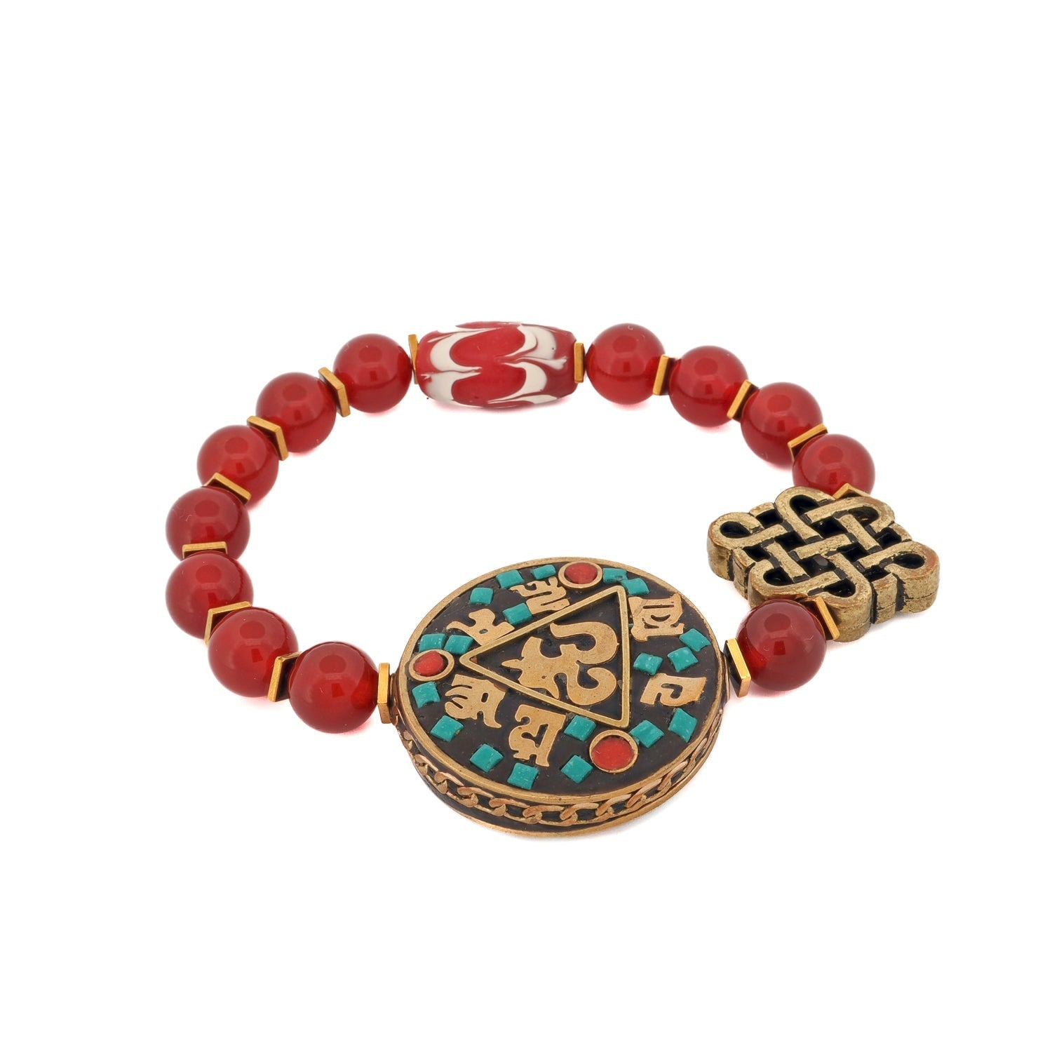 Sacred Om Carnelian & Tibetan Mantra Beaded Bracelet - Red