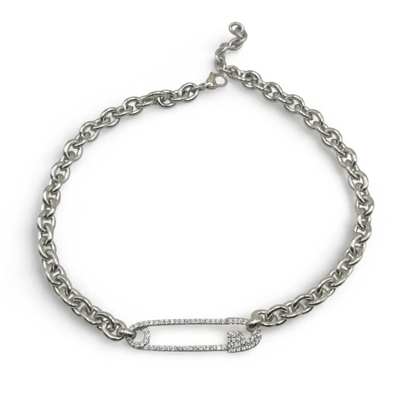 Safety Pin Necklace White Gold