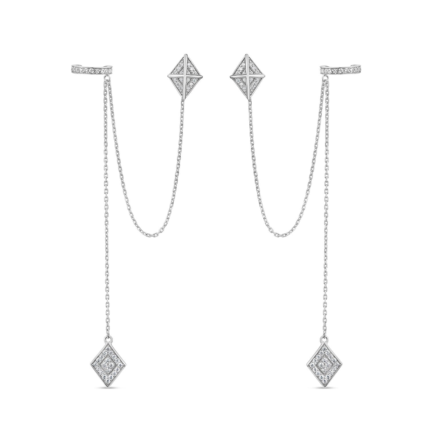 Sahara Asymmetric Earrings With Man Made Cz Diamond Stimulant In Sterling Silver