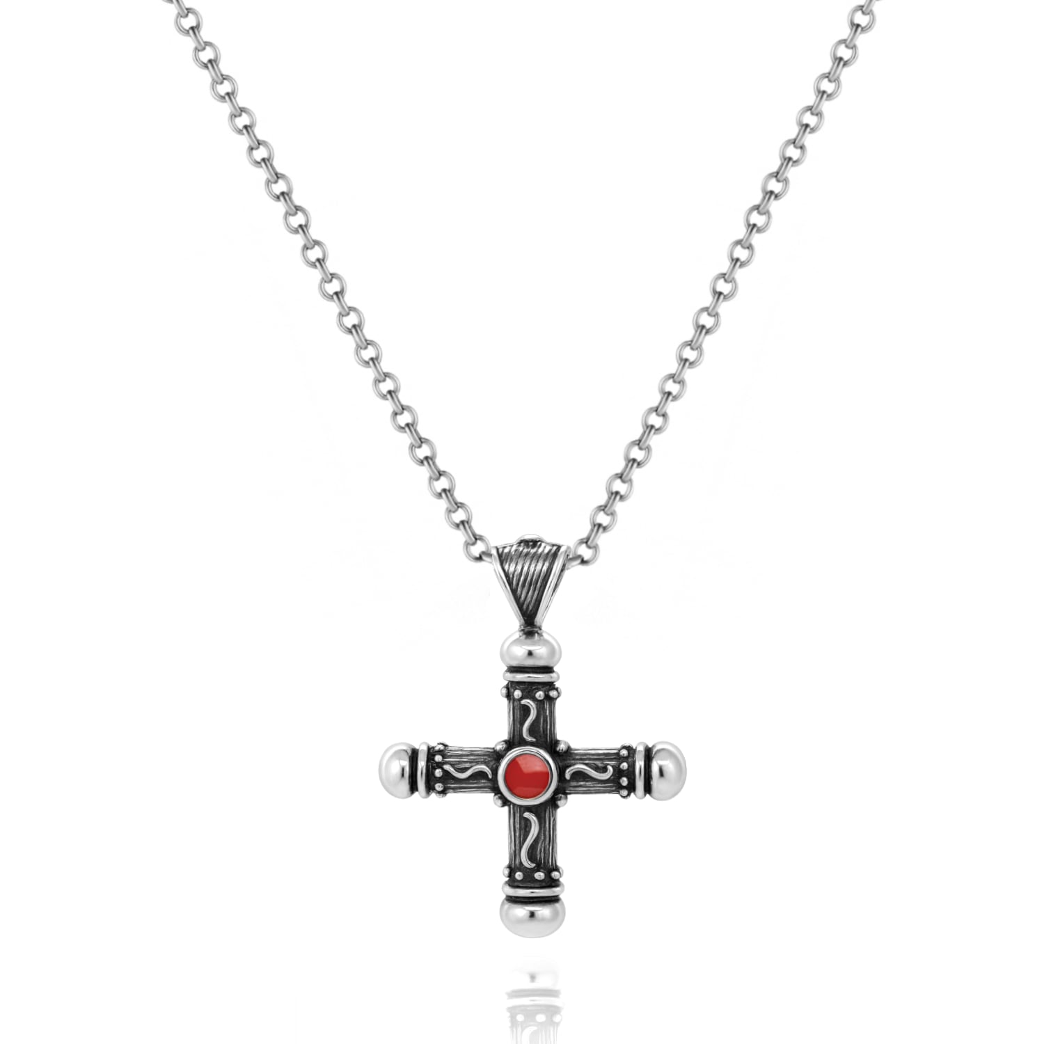 Sakros Cross Necklace In Sterling Silver With Natural Coral