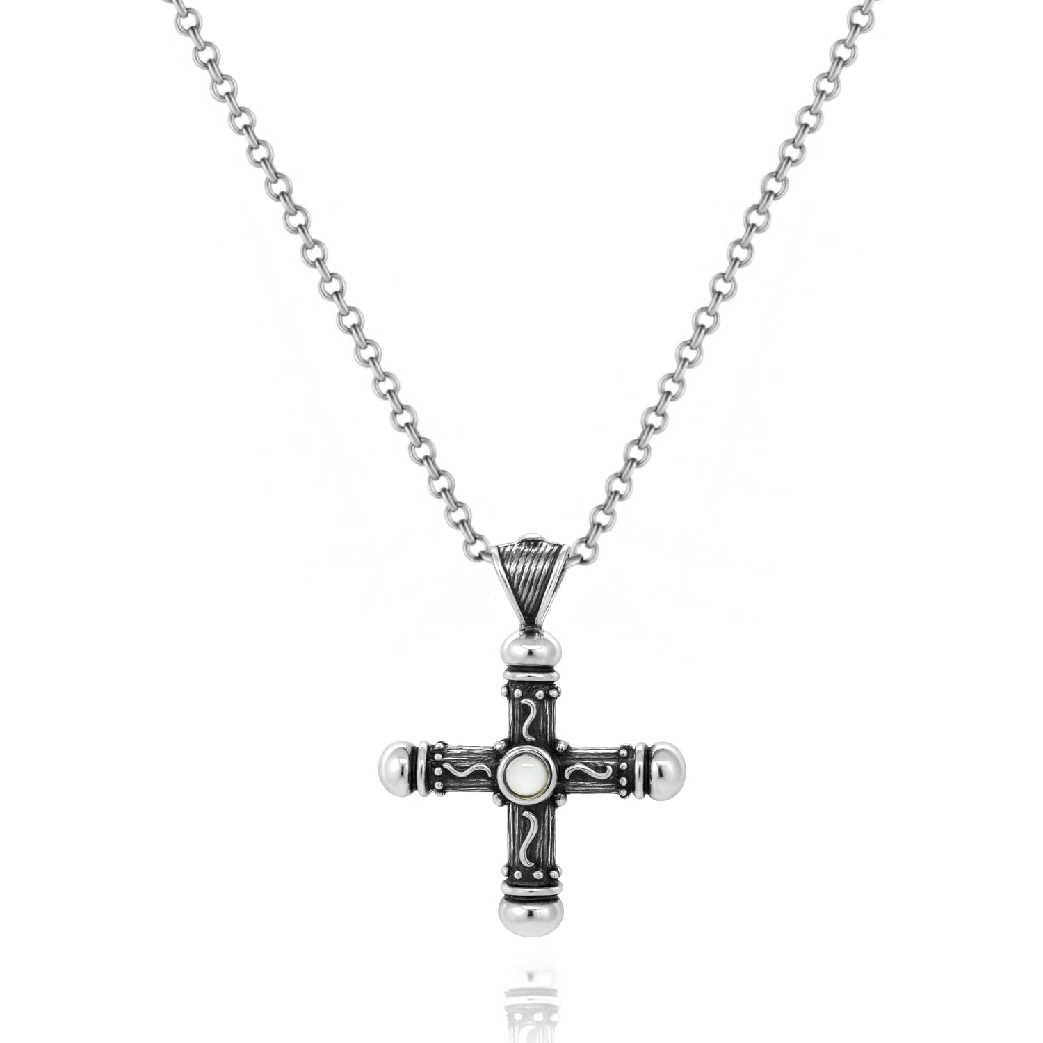 Sakros Cross Necklace In Sterling Silver With Natural Mother Of Pearl