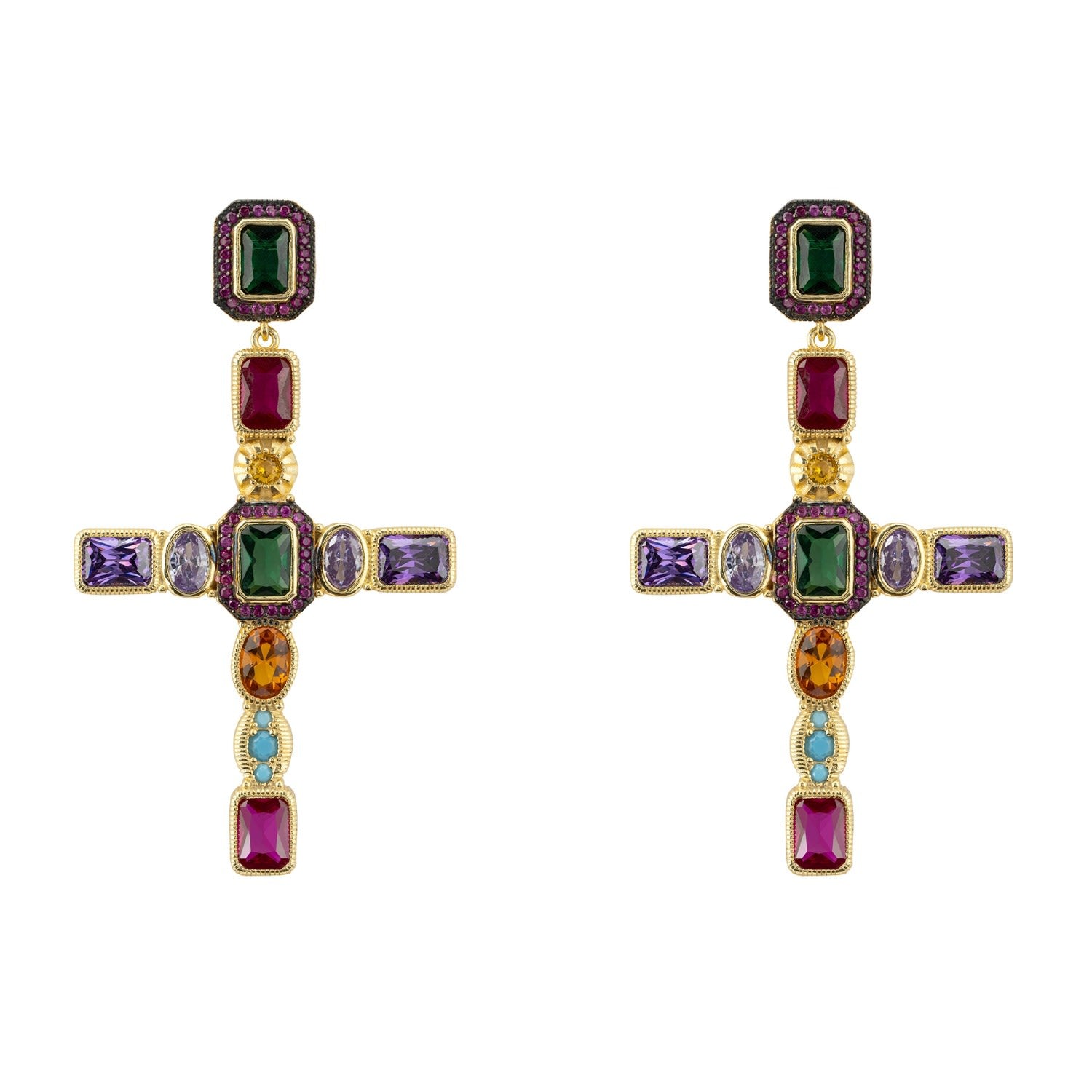 Santa Maria Extra Large Gemstone Cross Earrings Gold