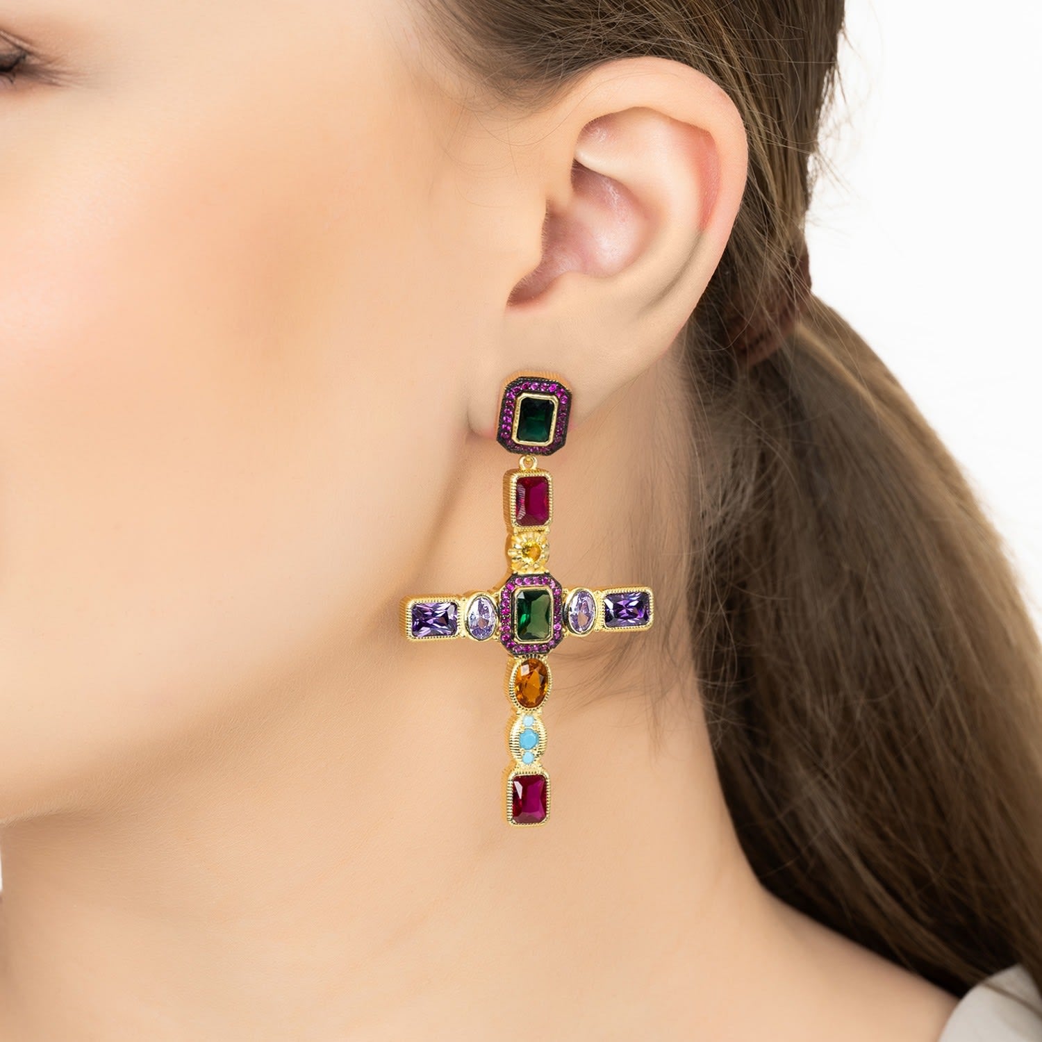 Santa Maria Extra Large Gemstone Cross Earrings Gold