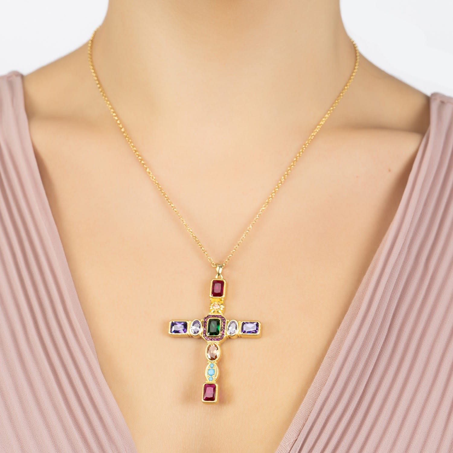 Santa Maria Extra Large Gemstone Cross Pendant Gold