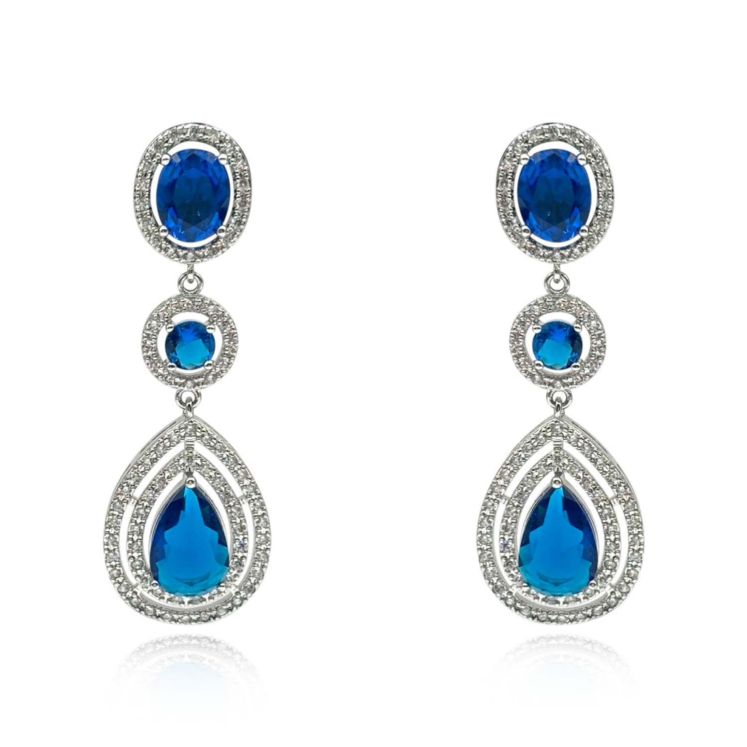 Sapphire And Diamond Cubic Zirconium Triple Drop Clip-On Earrings