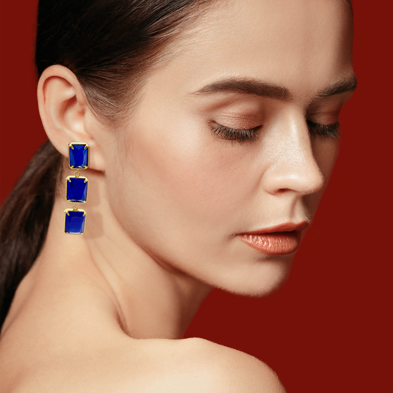 Sapphire Blue Triple Octagon Cat's Eye Drop Earrings