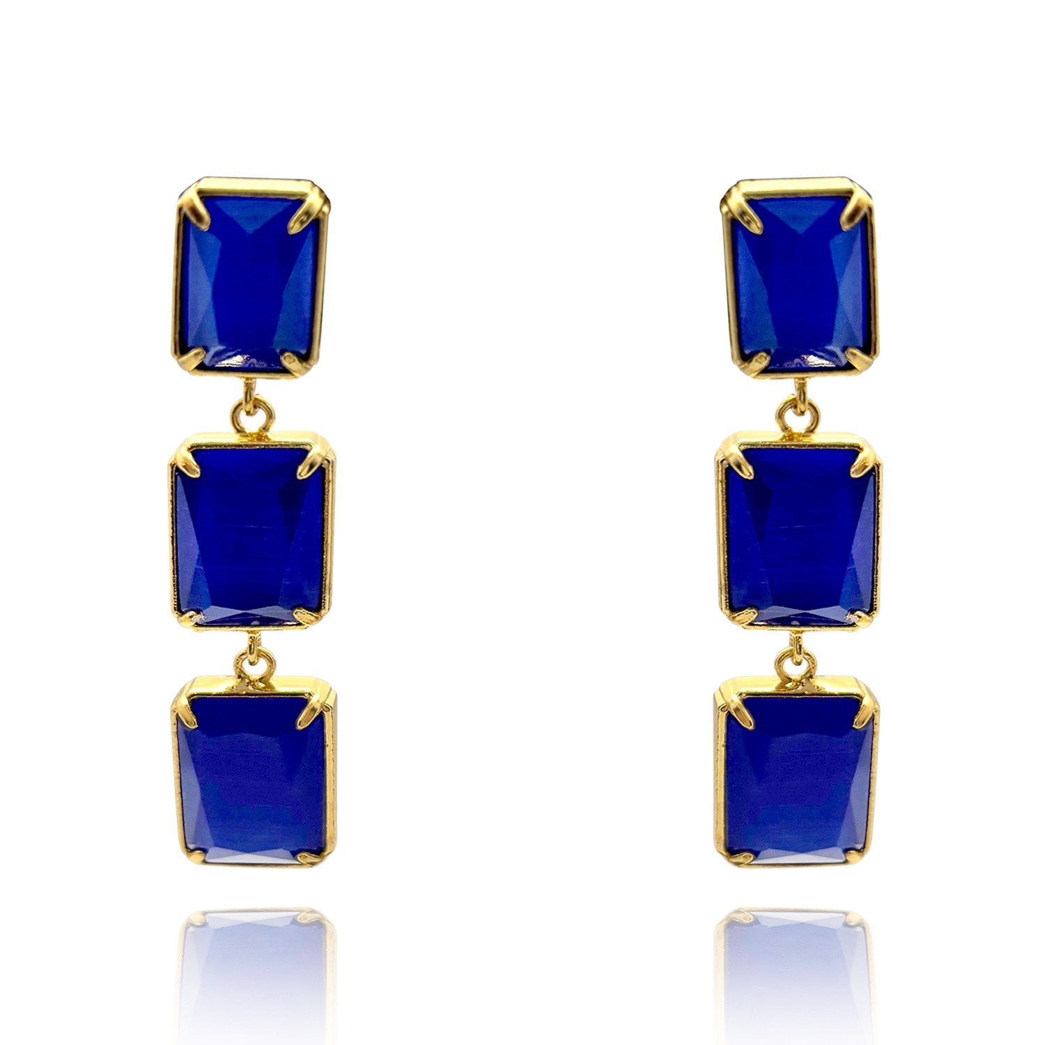 Sapphire Blue Triple Octagon Cat's Eye Drop Earrings