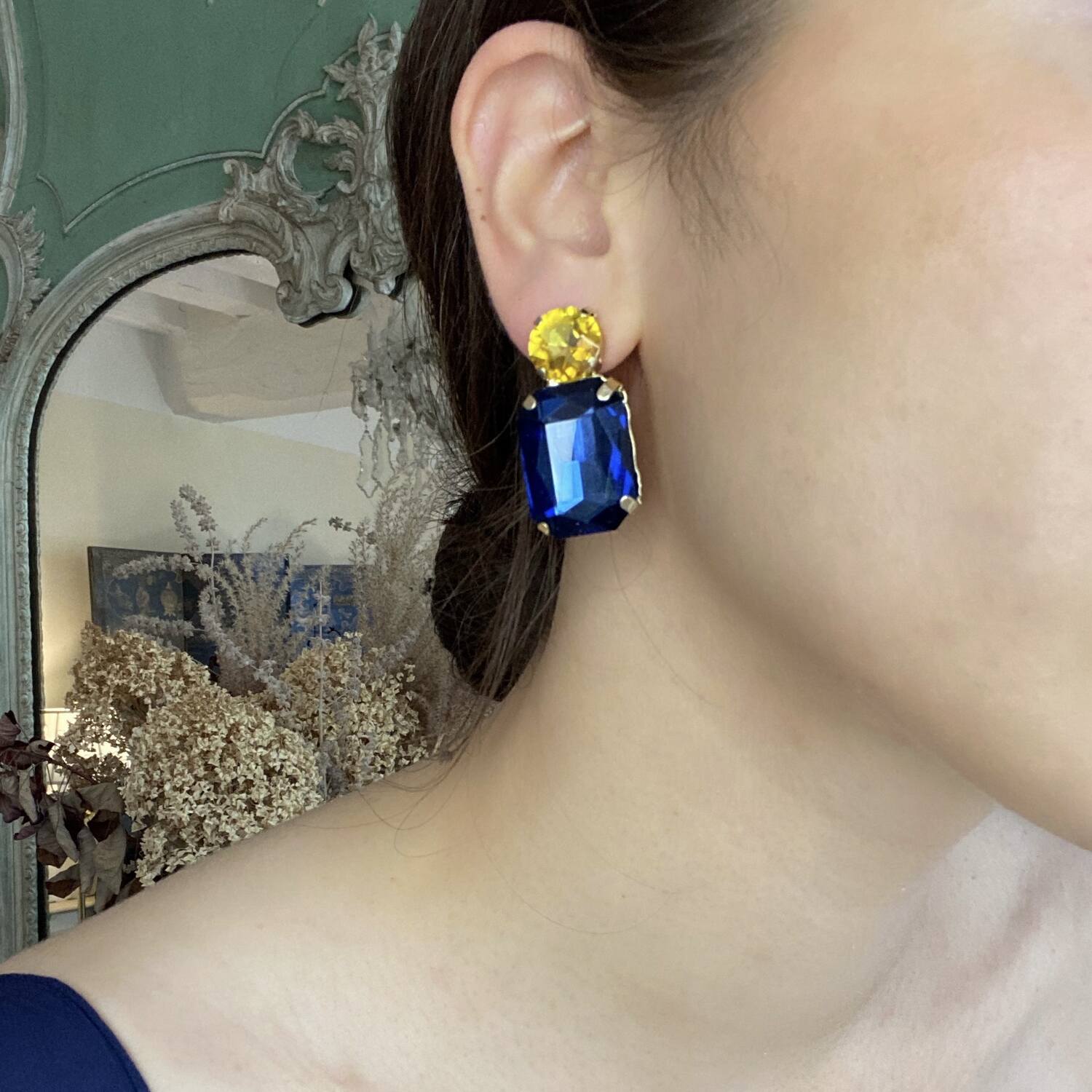 Sapphire Crystal Ocatgon And Topaz Round Stone Drop Earrings